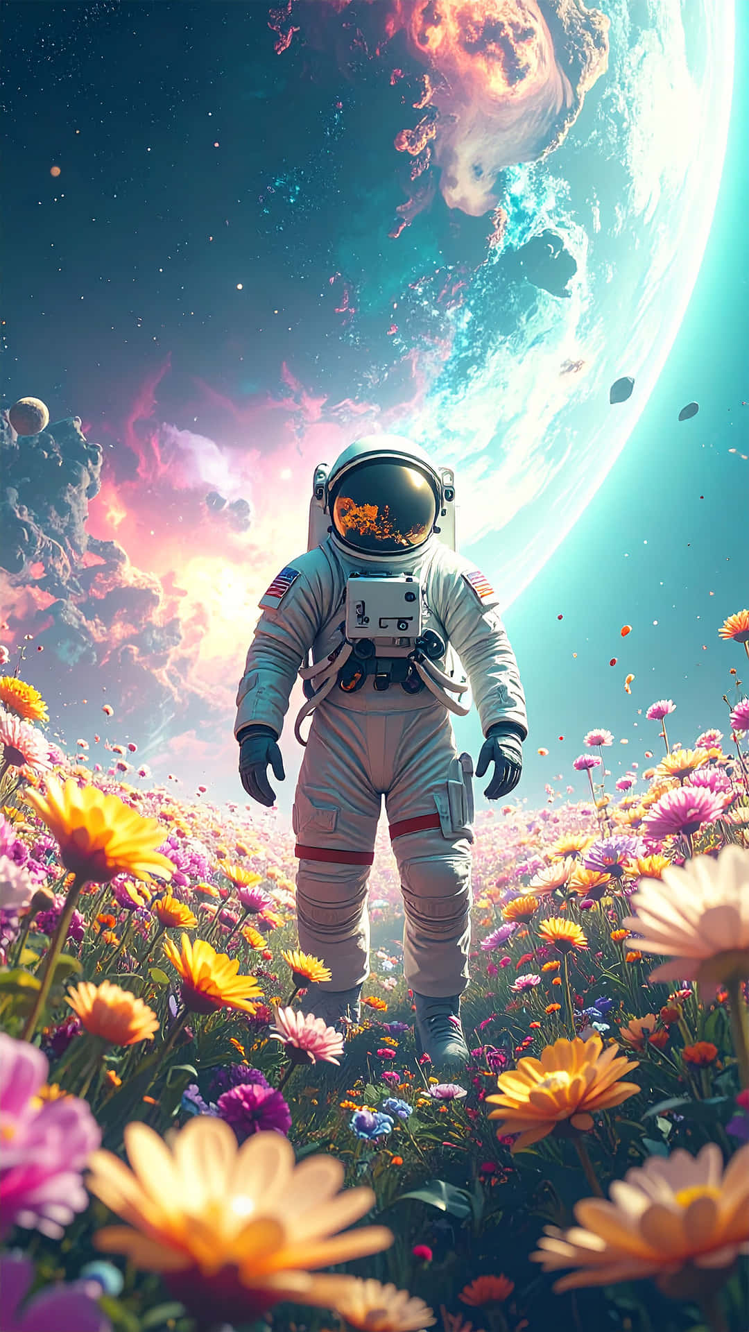 Astronaut 壁紙 — 一名太空人站在一片色彩繽紛的花田中，上方是宇宙天空，有發光的行星和星雲。