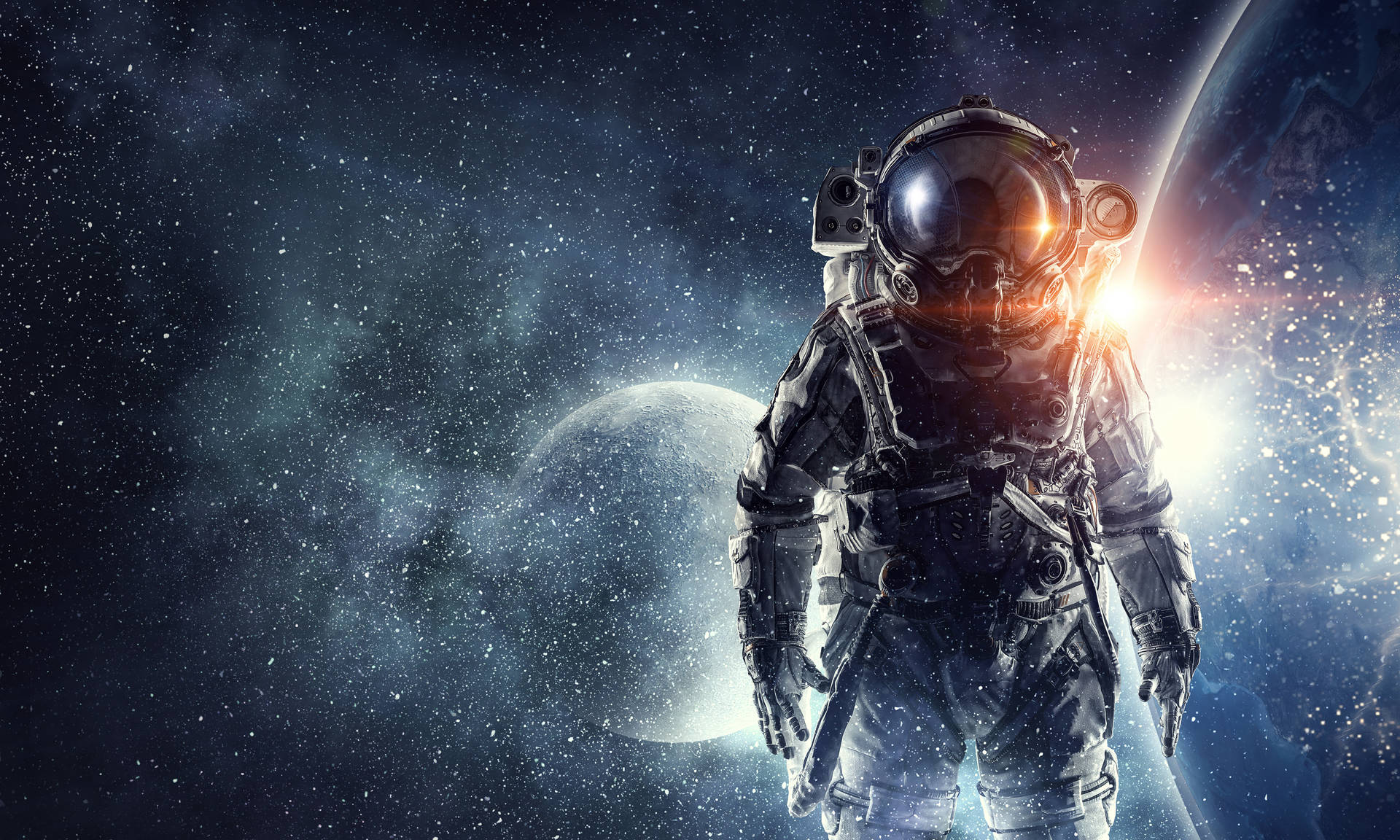 太空人在太空中漂浮，背景有行星和星星。