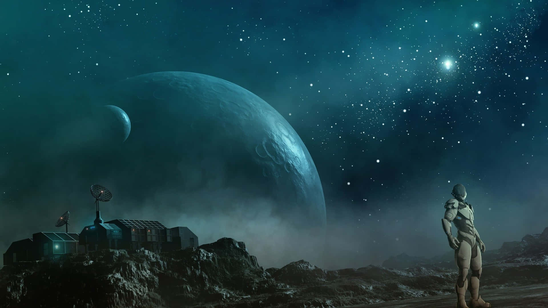 Fantasy Space 桌布 壁紙 — 一名太空人站在岩石外星行星上，凝視著未來派前哨基地上方巨大的藍色月亮和星空。