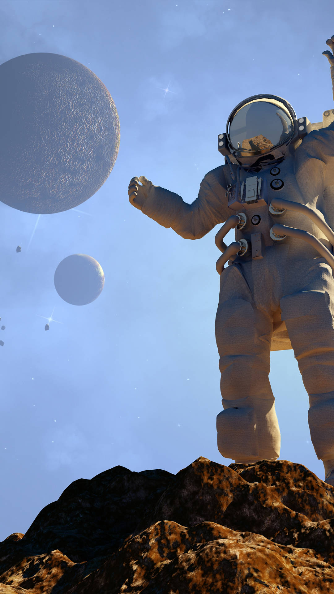 太空人 桌布 壁紙 — 一名太空人站在岩石外星行星上，在星空下伸手觸及一個巨大的月球和較小的天體。