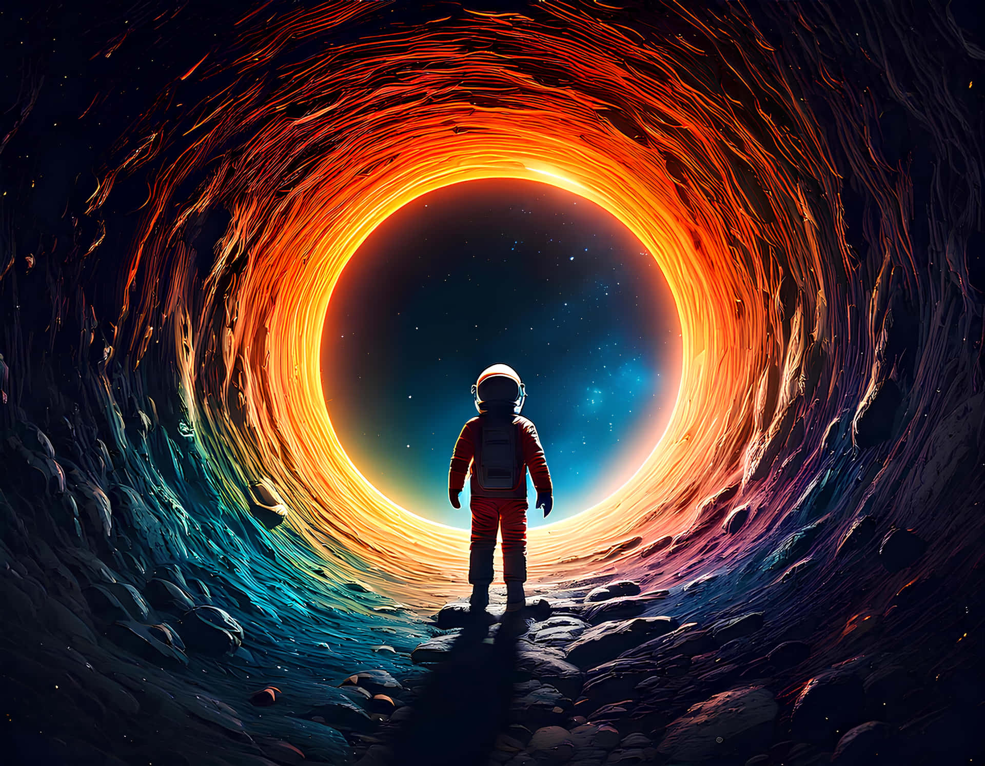 Astronaut 壁紙 — 一名太空人站在岩石表面，凝視著一個由熾熱橙色和冷藍色光組成的旋轉宇宙隧道。