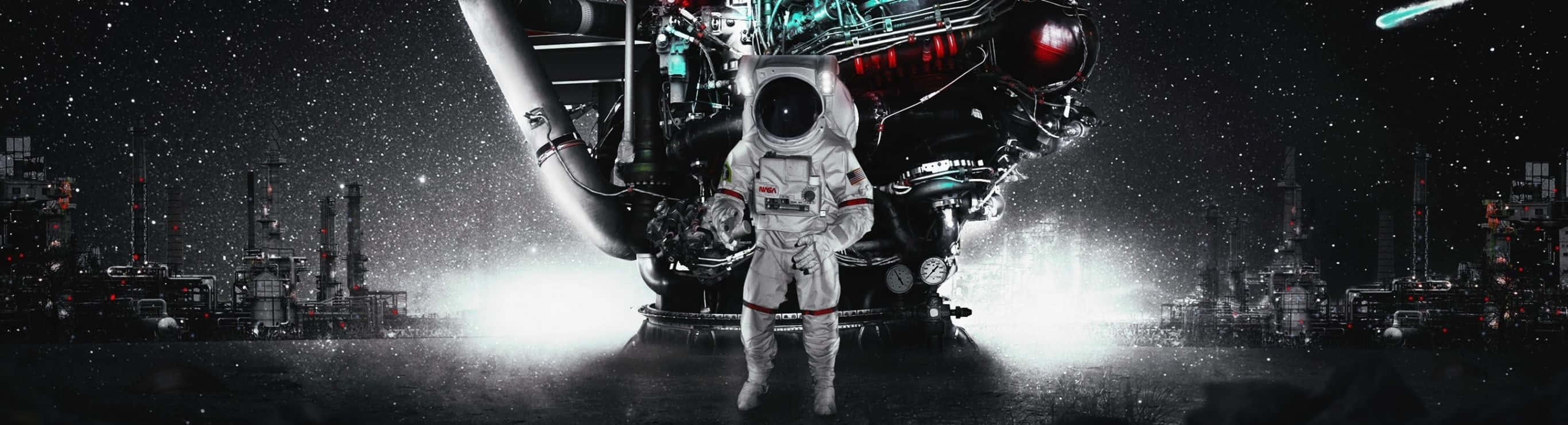 桌布 壁紙 — 一名太空人站在星空的未來太空站中的一艘巨大太空船前。