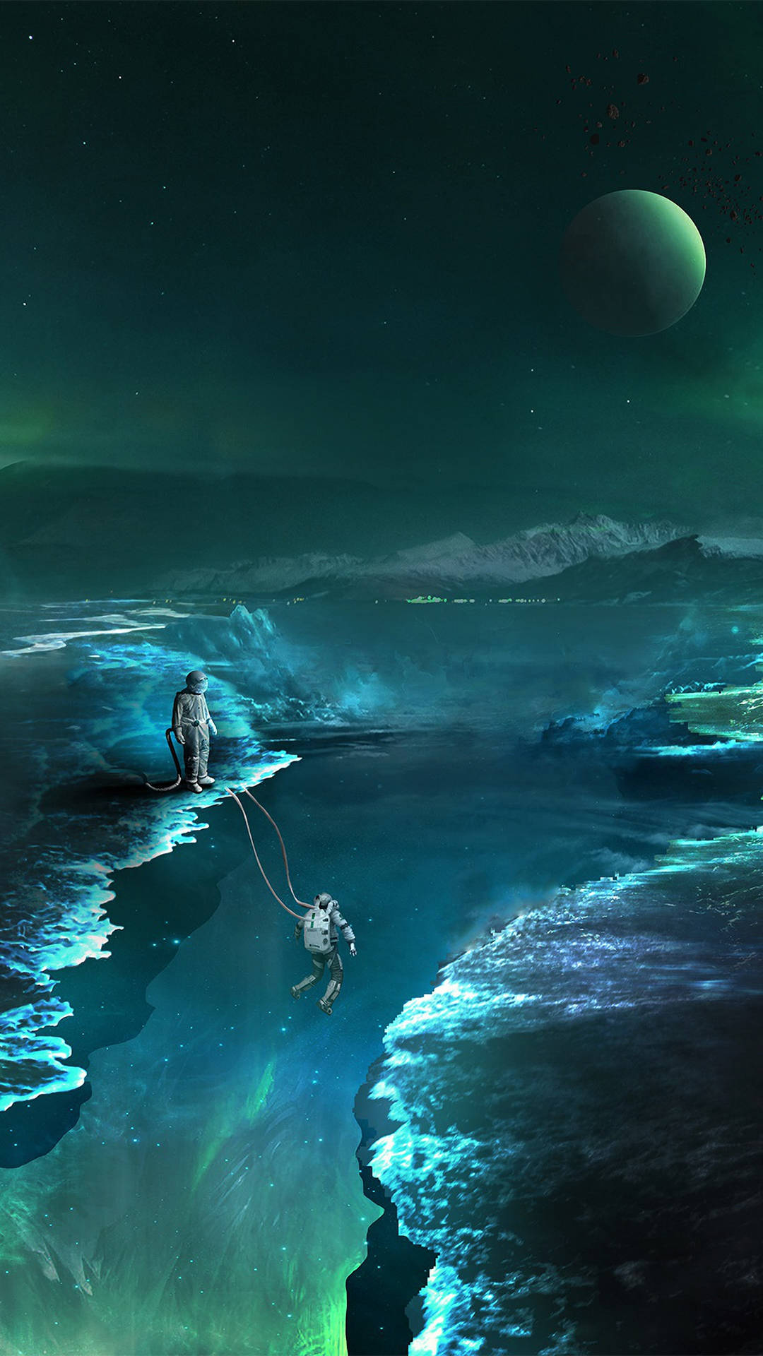 太空人在星空下（遠處有一顆行星）探索發光的外星海洋。 — 綠色美學 GIF 壁紙