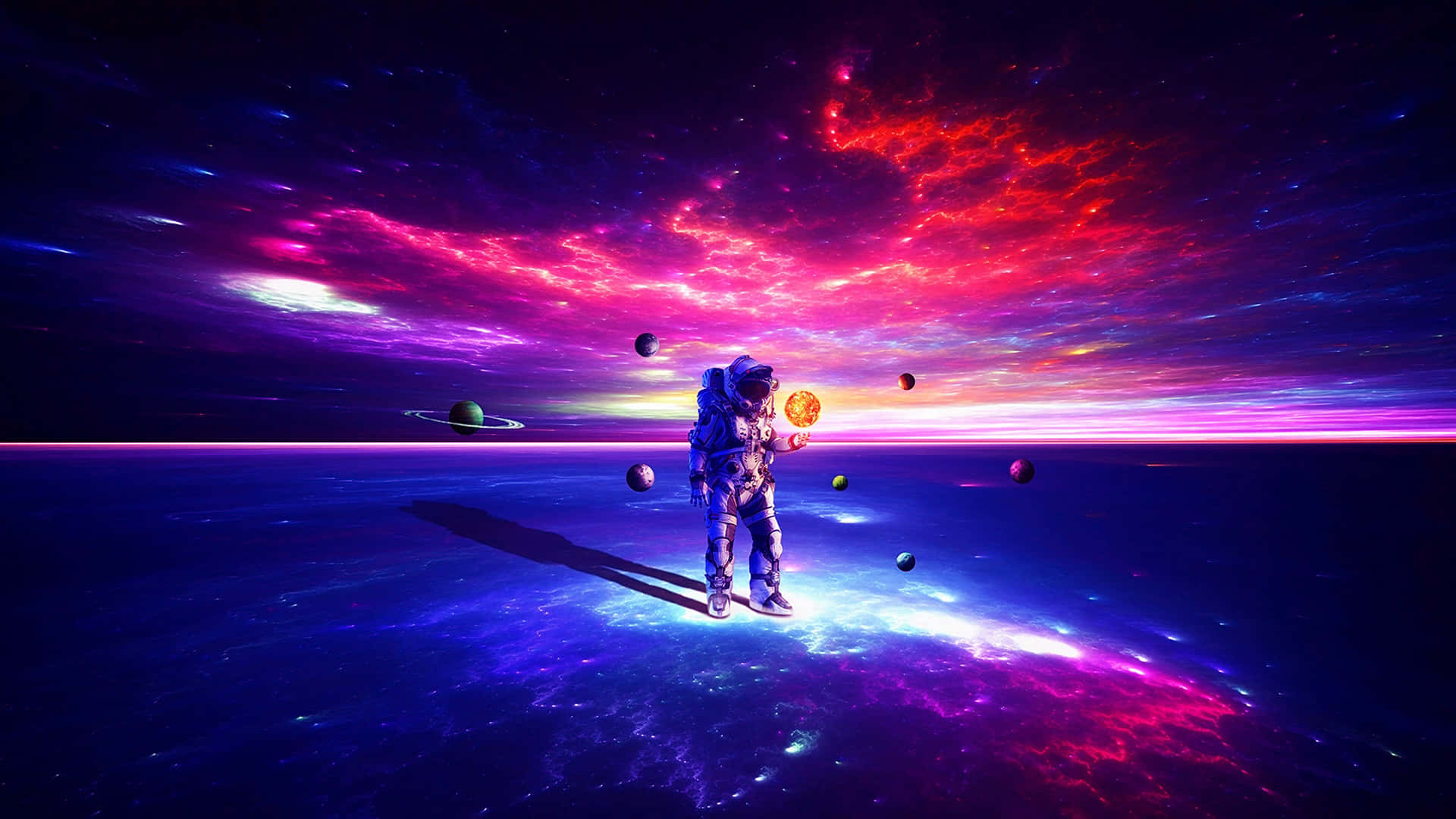 太空美學動圖 桌布 壁紙 — 一名太空人站在發光的外星行星上，下方是帶有霓虹粉紅、紫色和紅色雲紋的宇宙天空。