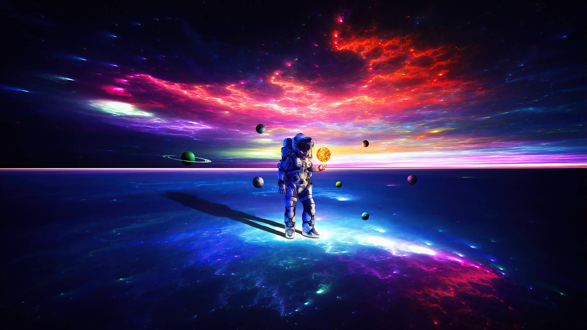 Trendy Aesthetic 桌布 壁紙 — 一名太空人站在發光的宇宙行星上，手持太陽，背景是充滿活力的星雲天空，漂浮著行星。