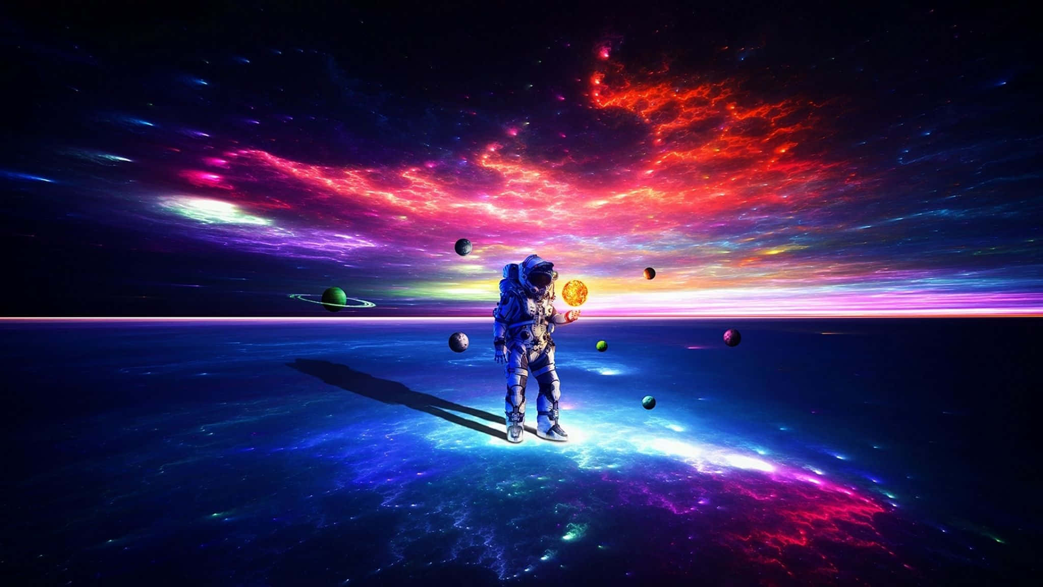 Astronaut In Space 桌布 壁紙 — 一名太空人站在發光的宇宙行星上，在充滿活力的星雲天空下手持發光球體。