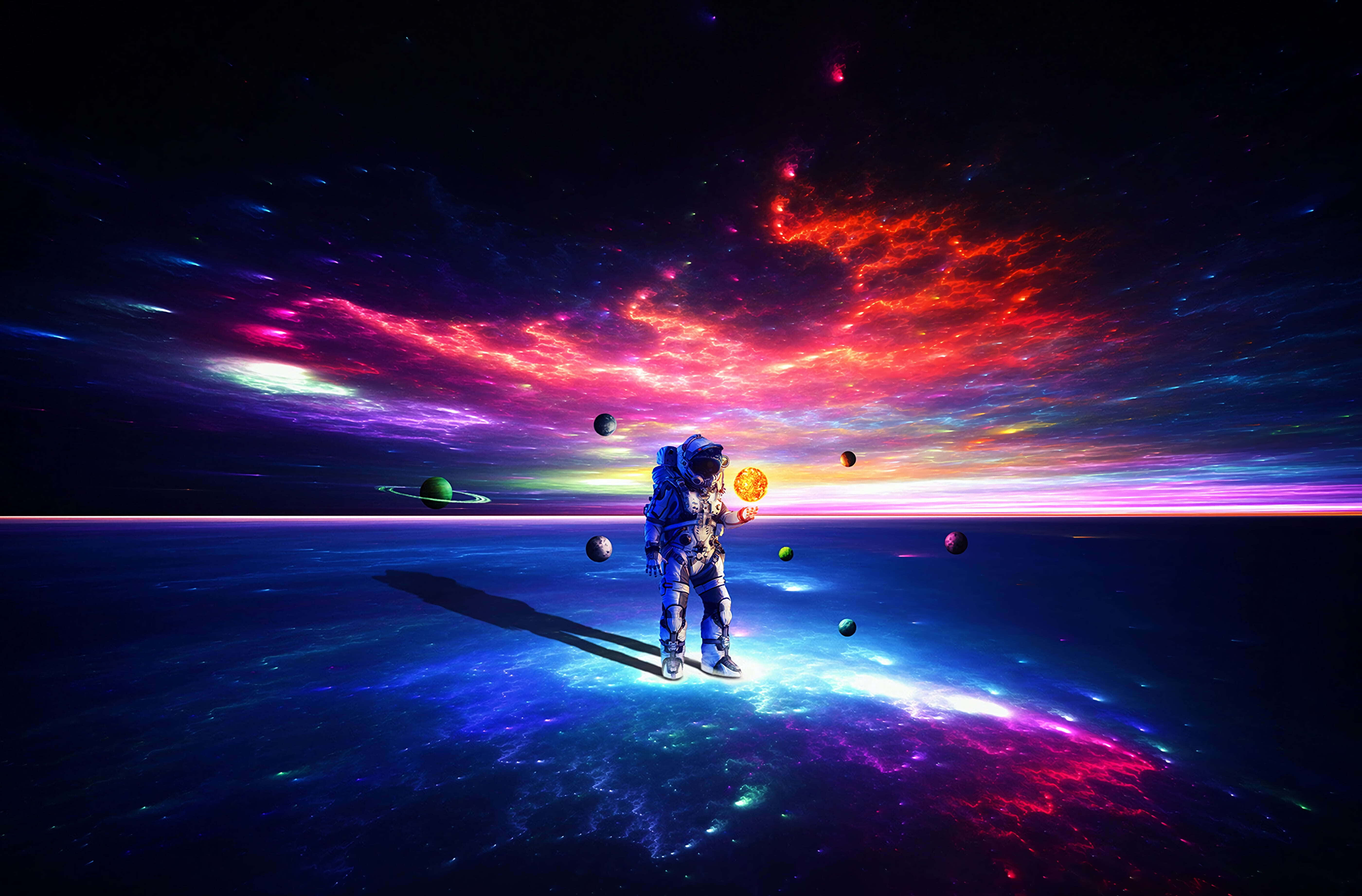 Galaxy Themed Paintings 桌布 壁紙 — 一名太空人站在發光的宇宙行星上，下方是充滿浮游行星和星星的鮮豔星雲天空。