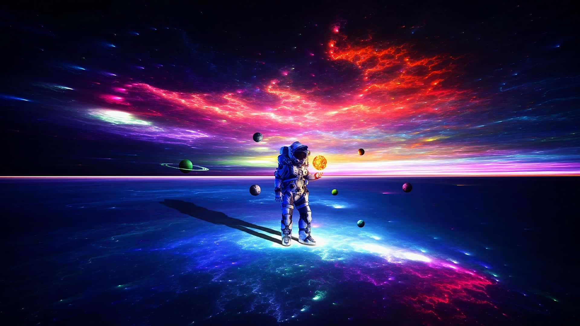  壁紙 — 一名太空人站在發光的宇宙行星上，在充滿漂浮行星的鮮豔星雲天空下抱著太陽。