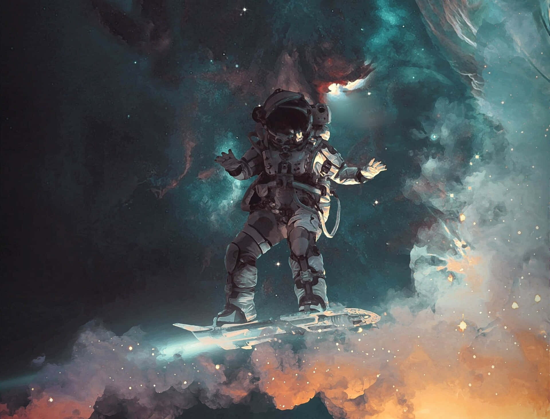 太空人 桌布 壁紙 — 一名太空人站在發光的板上，在充滿星星和旋轉青橙色雲彩的鮮豔宇宙星雲中衝浪。