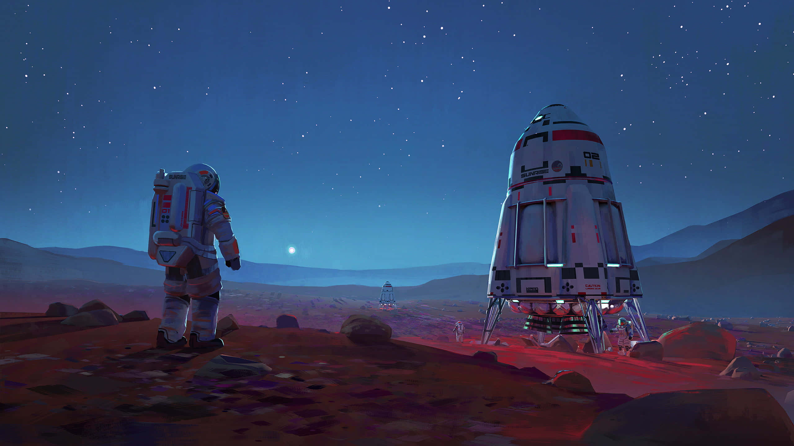 Space Mission 桌布 壁紙 — 一名太空人站在紅色外星行星上，凝視著星空夜空，旁邊是一艘著陸的太空船。