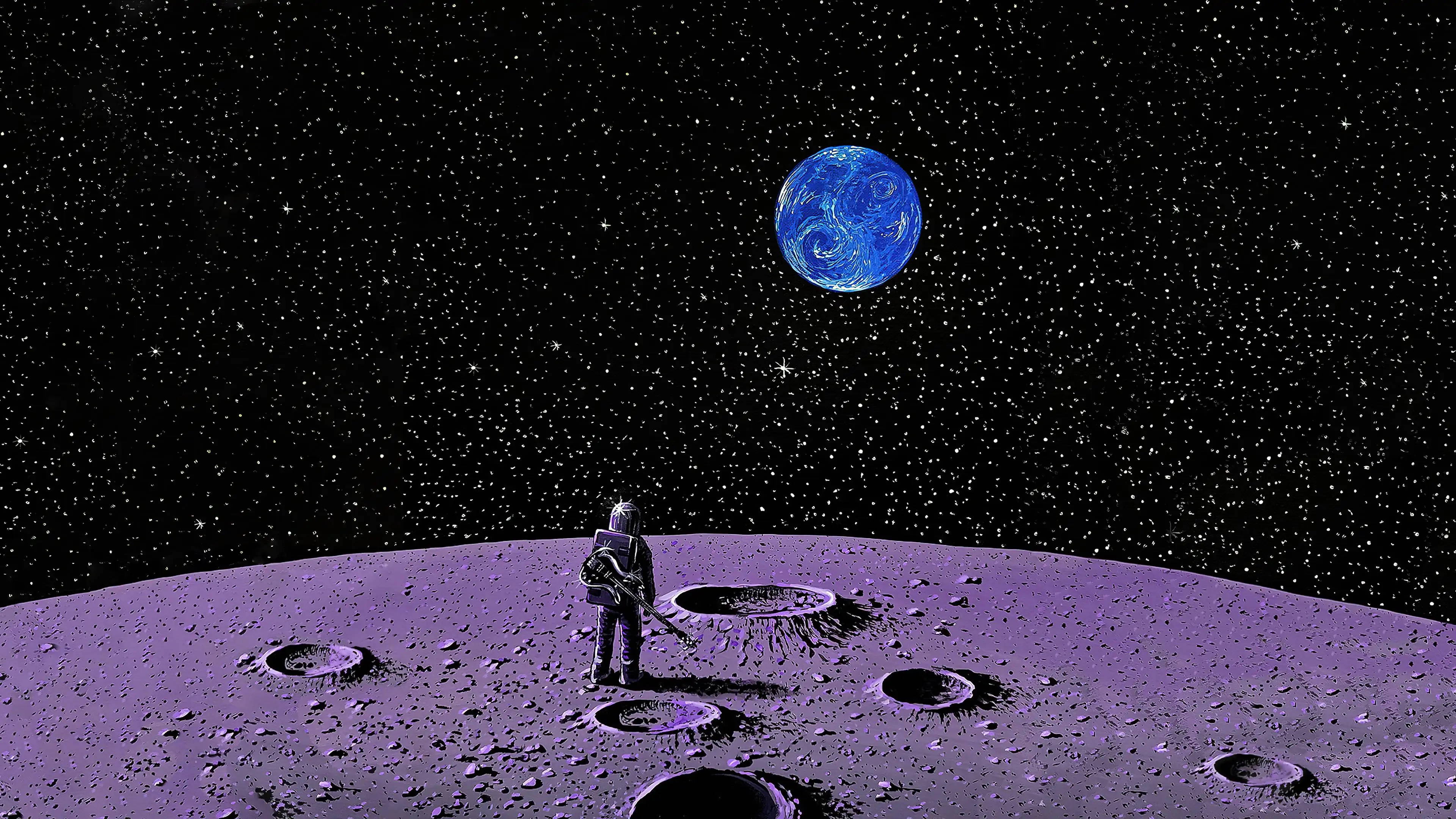 藝術 桌布 壁紙 — 一名太空人站在紫色佈滿隕石坑的月球上，凝視著一顆在繁星點點黑色天空中旋轉的藍色行星。