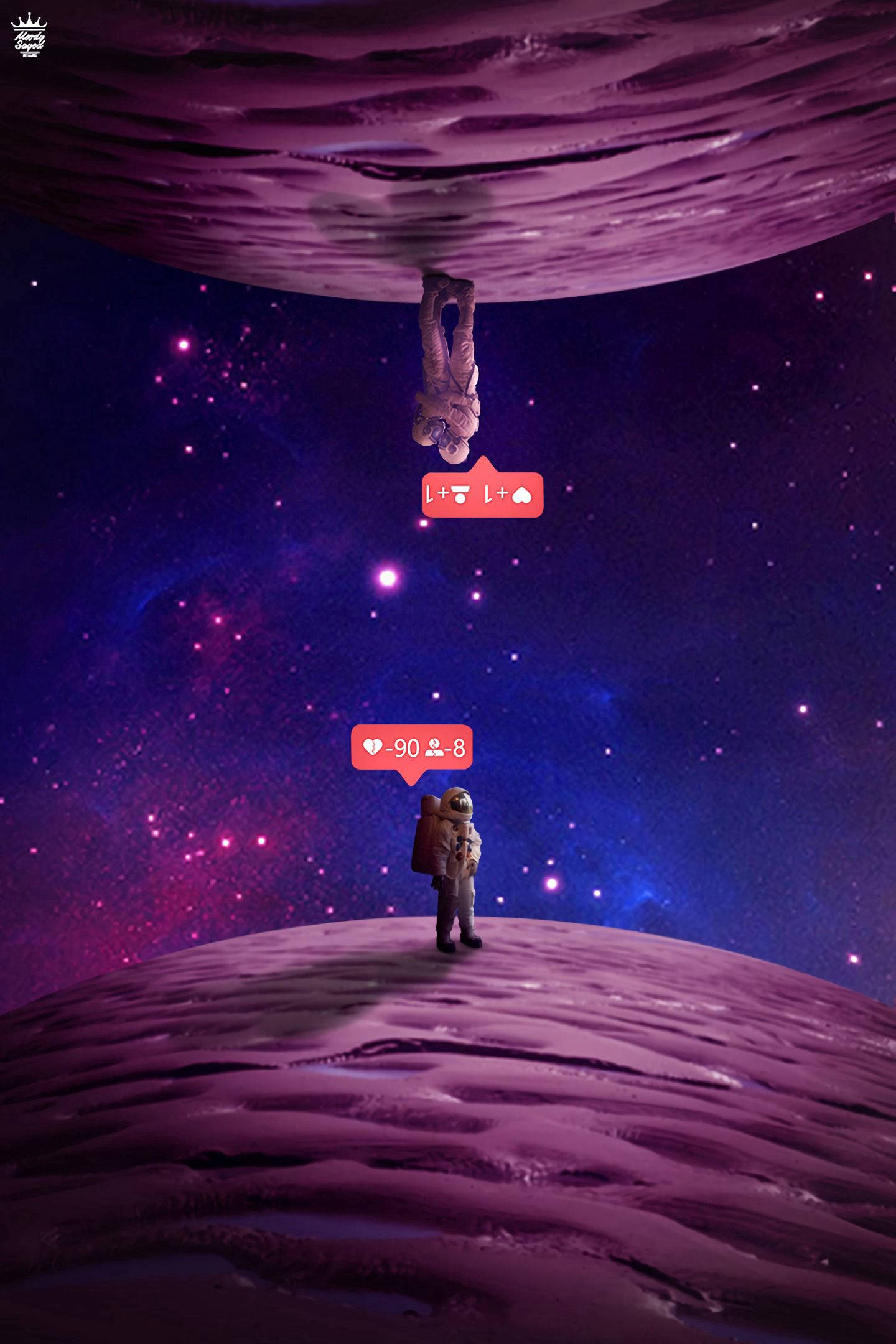 太空人 桌布 壁紙 — 一名太空人站在紫色外星行星上，仰望一顆巨大的行星，上方漂浮著社交媒體心形圖案。