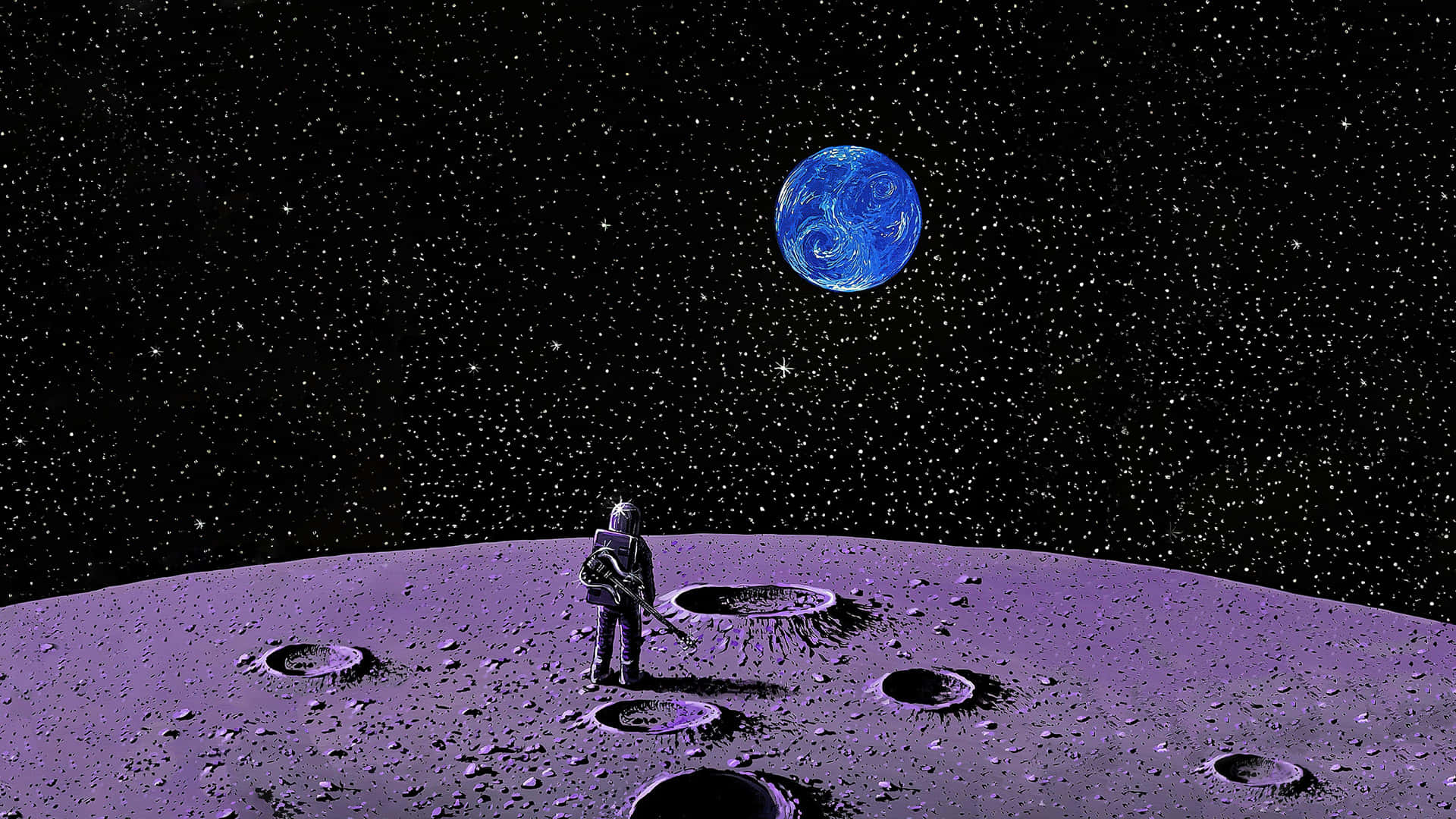 月光 桌布 壁紙 — 一名太空人站在紫色的隕石坑月球上，凝視著星空黑色背景中旋轉的藍色行星。