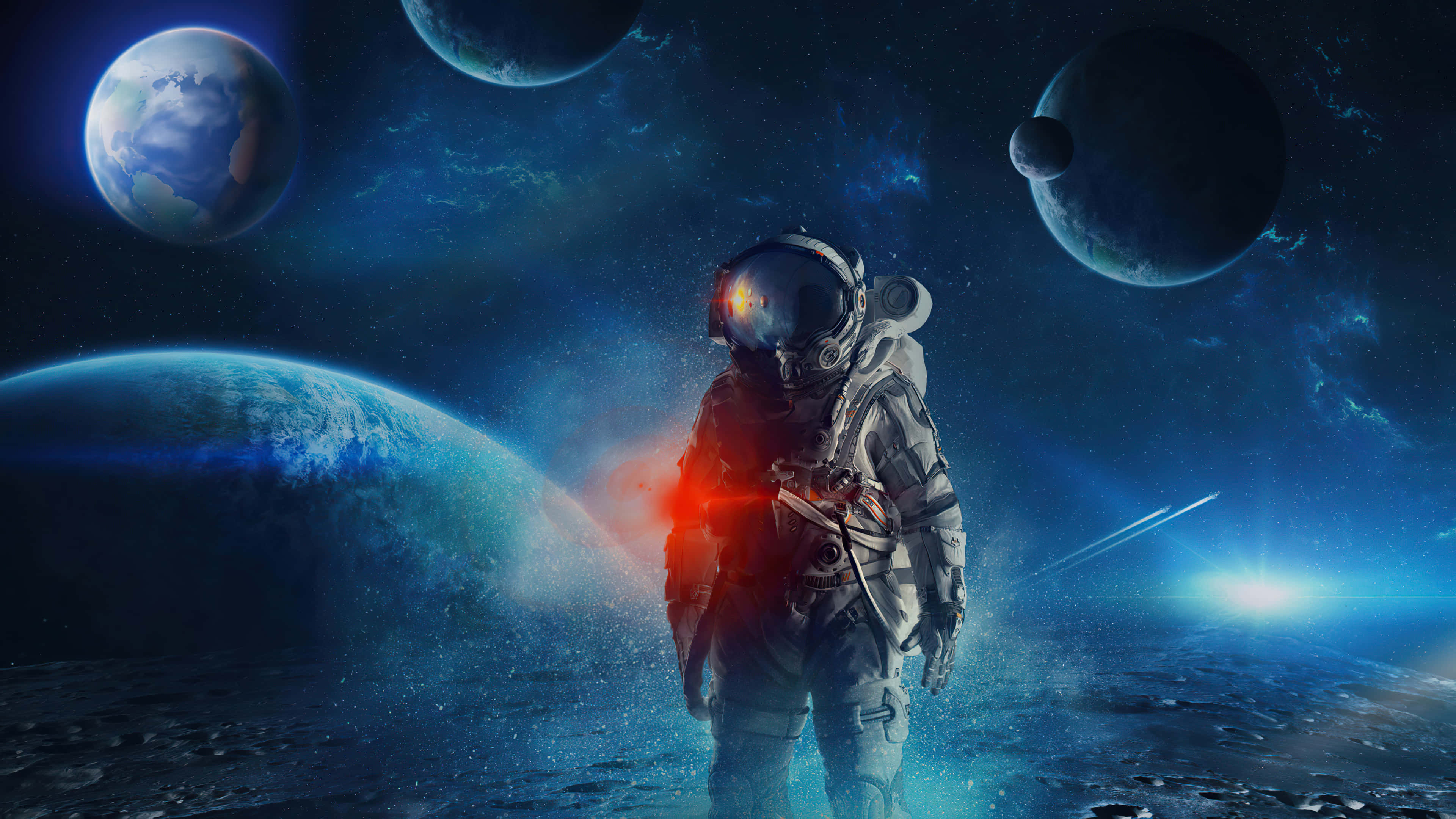 Amazing Astronaut 桌布 壁紙 — 一名太空人站在類似月球的表面上，散發著紅光，被行星和恆星環繞在深藍色的宇宙場景中。