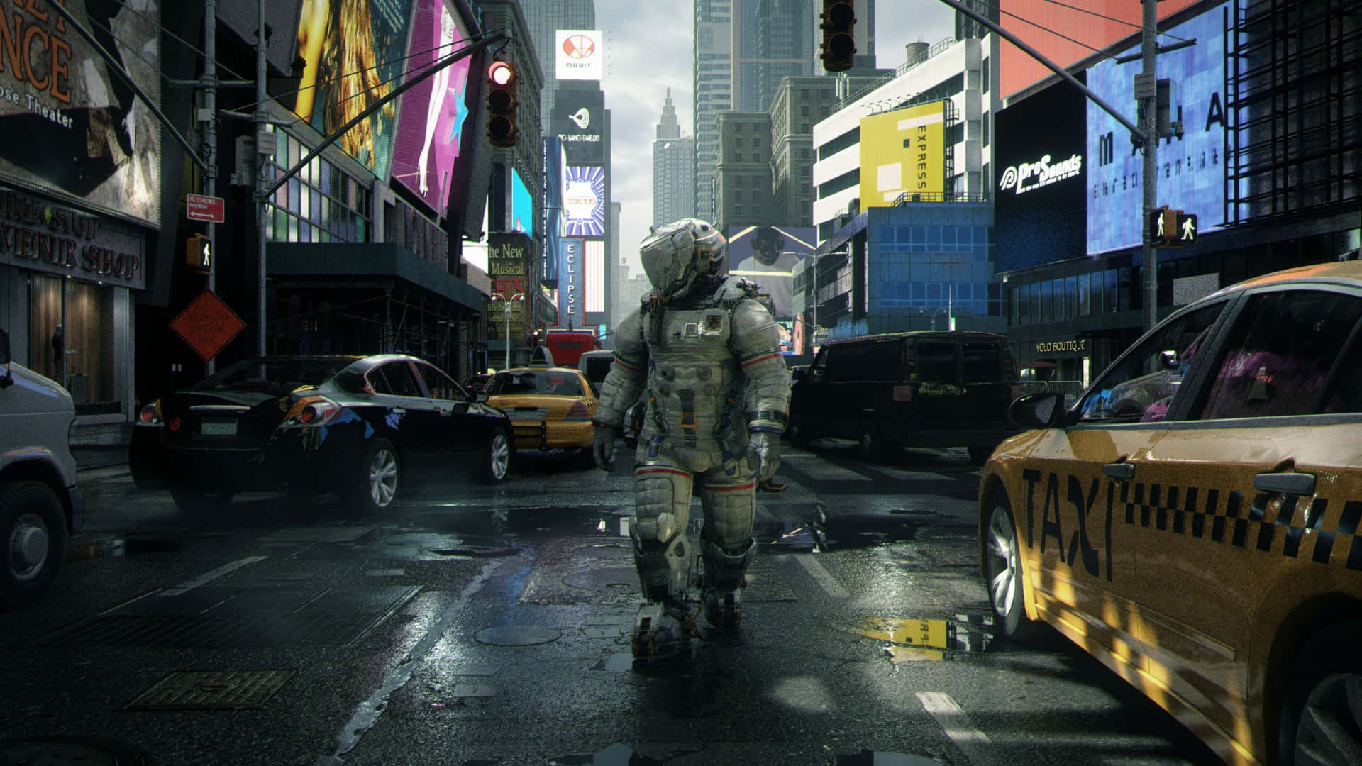 Ps5 Games 桌布 壁紙 — 一名太空人走過雨中的紐約市街道，街道上霓虹燈閃爍，有黃色的士和高聳的廣告看板。