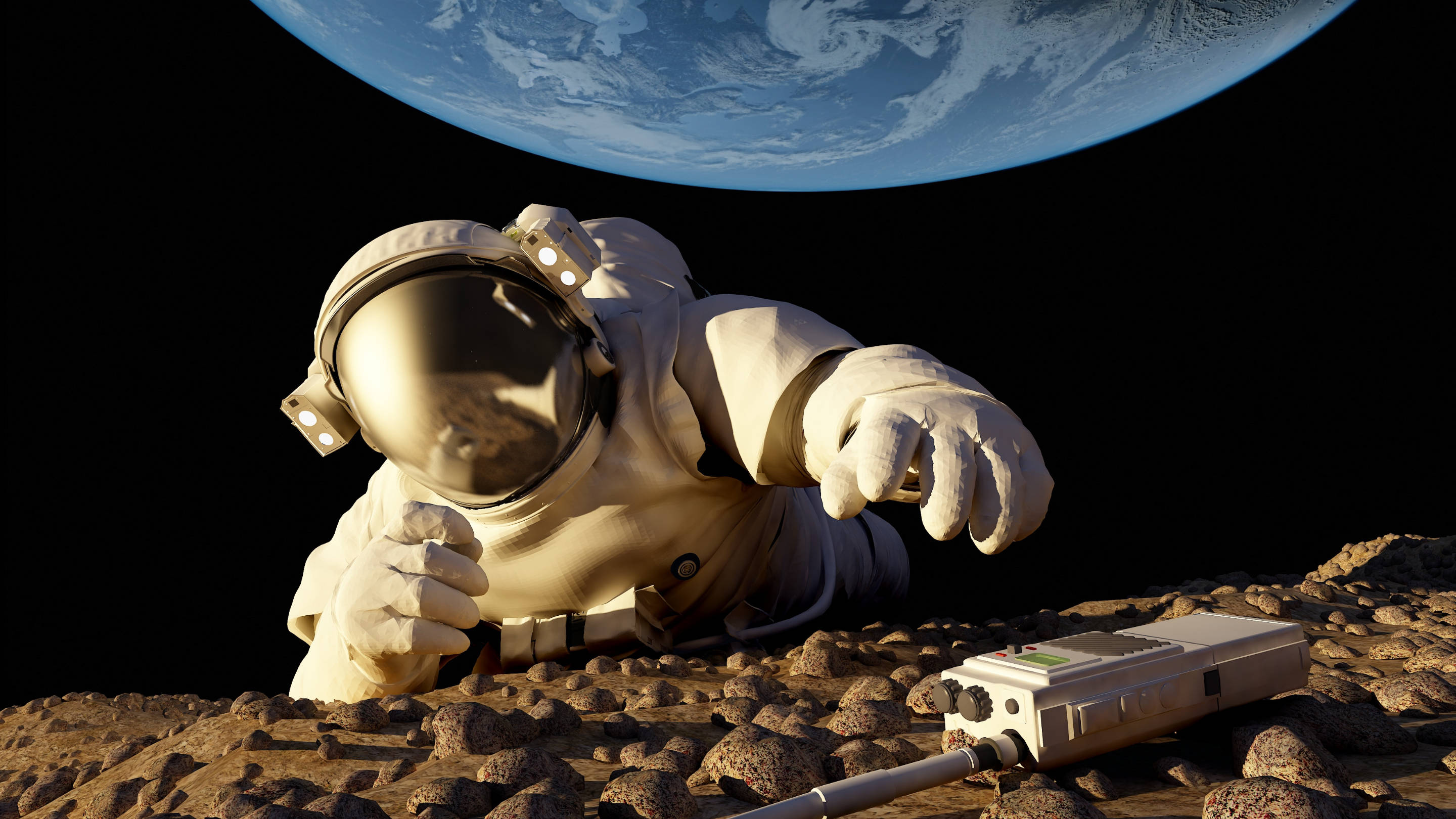 太空人 桌布 壁紙 — 一名太空人跪在岩石外星表面上，伸手去拿一個裝置，地球在黑色的天空中發光。