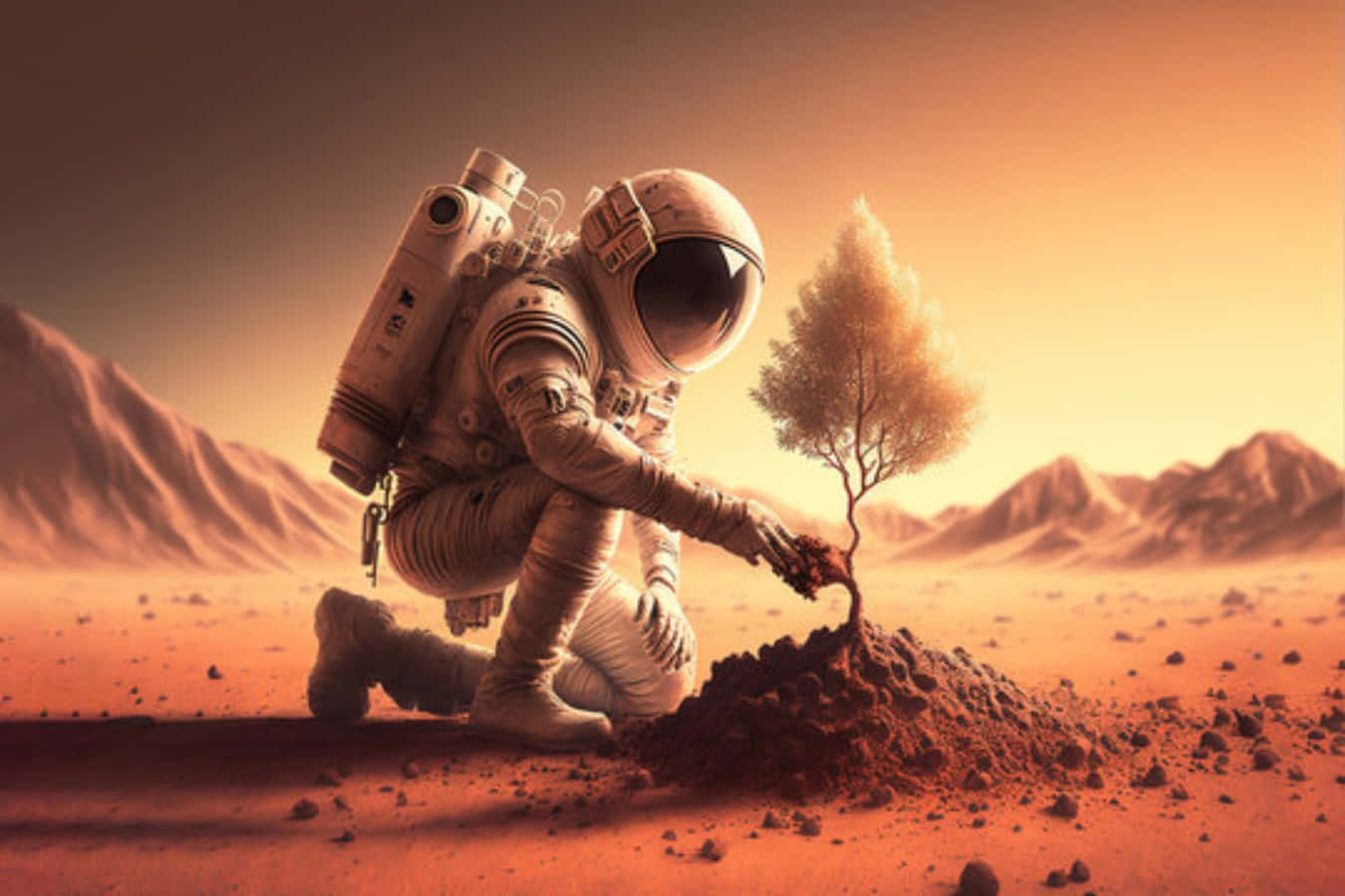 Terraforming 桌布 壁紙 — 一名太空人跪在紅色外星行星上，在溫暖橙色天空下，於荒蕪山脈中種植一棵小樹。
