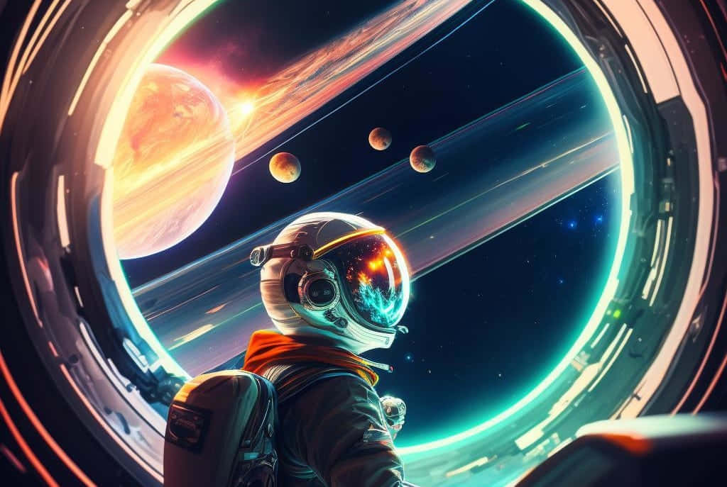 Space Colonization 桌布 壁紙 — 一名太空人透過太空船窗戶凝視著一顆充滿活力的外星行星和漂浮的衛星，背景是星光燦爛的宇宙。