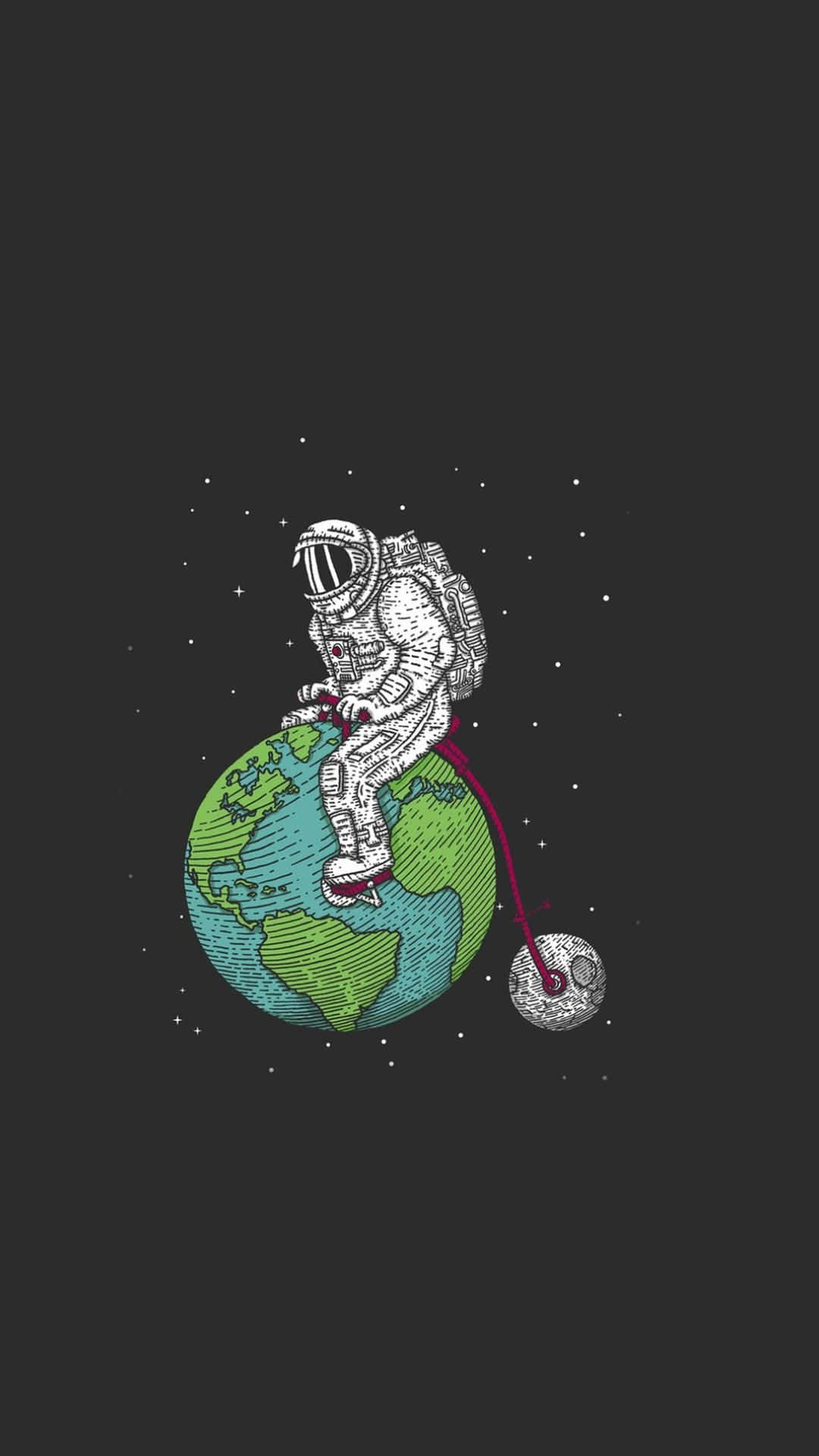 Astronaut iPhone 桌布 壁紙 — 一名太空人騎著帶有月球輪的腳踏車，在風格化的地球上，背景是繁星點點的黑暗夜空。