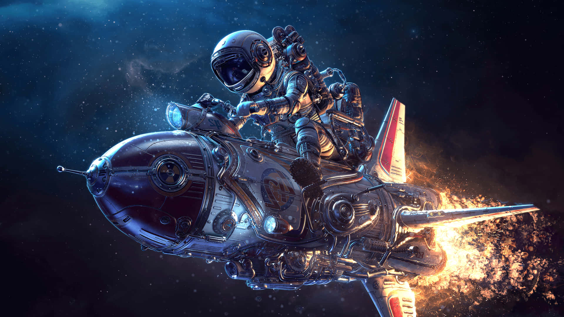 科學 桌布 壁紙 — 一名太空人騎著未來感飛行器在星空穿梭，尾焰噴薄