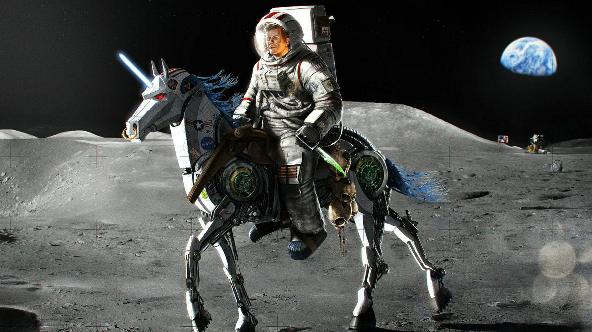 政治 桌布 壁紙 — 一名太空人騎著機械獨角獸在月球表面奔馳，地球在遠方可見。