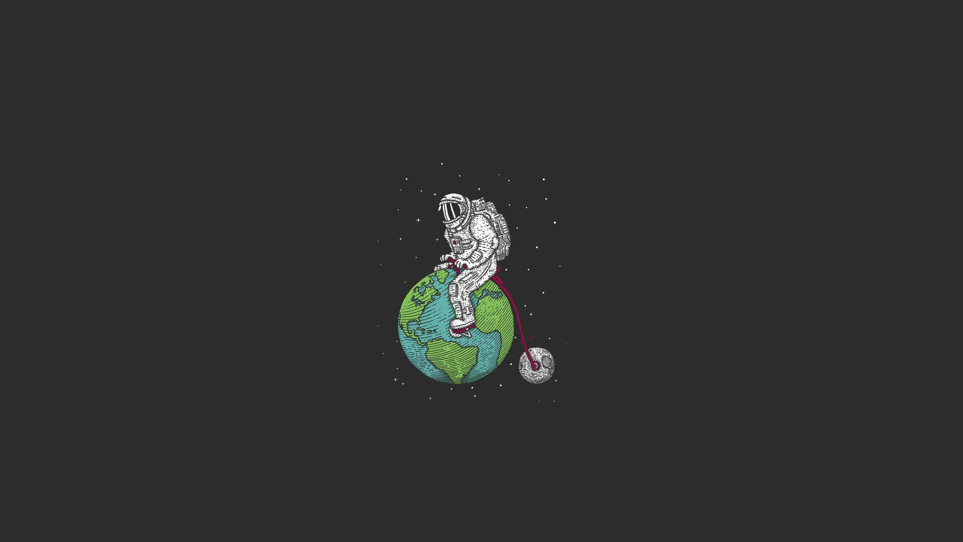 Earthbound 桌布 壁紙 — 一名太空人騎著腳踏車，前輪是地球，背景是滿天星斗的黑暗太空。
