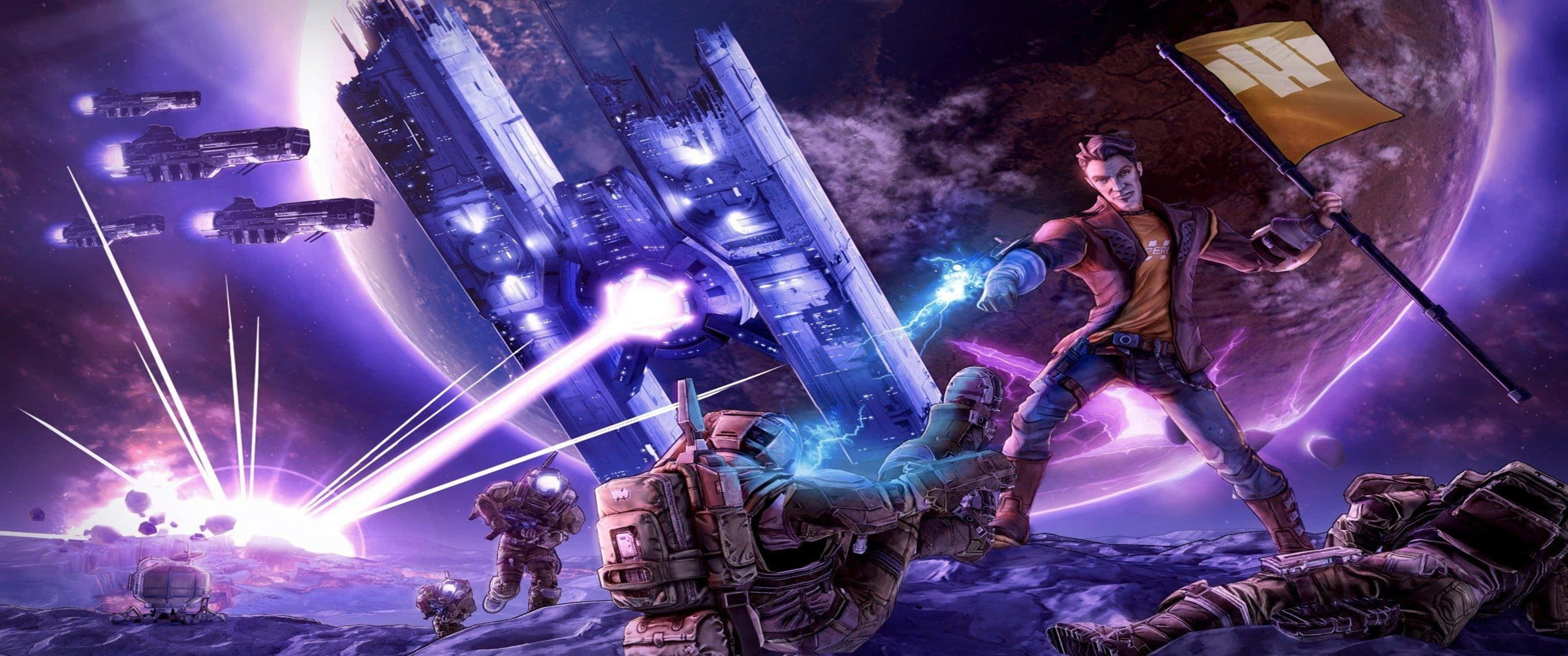 3440x1440p Borderlands 3 桌布 壁紙 — 一名太空戰士在外星行星上舉著旗幟勝利地站立，而戰艦在發光的紫色行星上空戰鬥。
