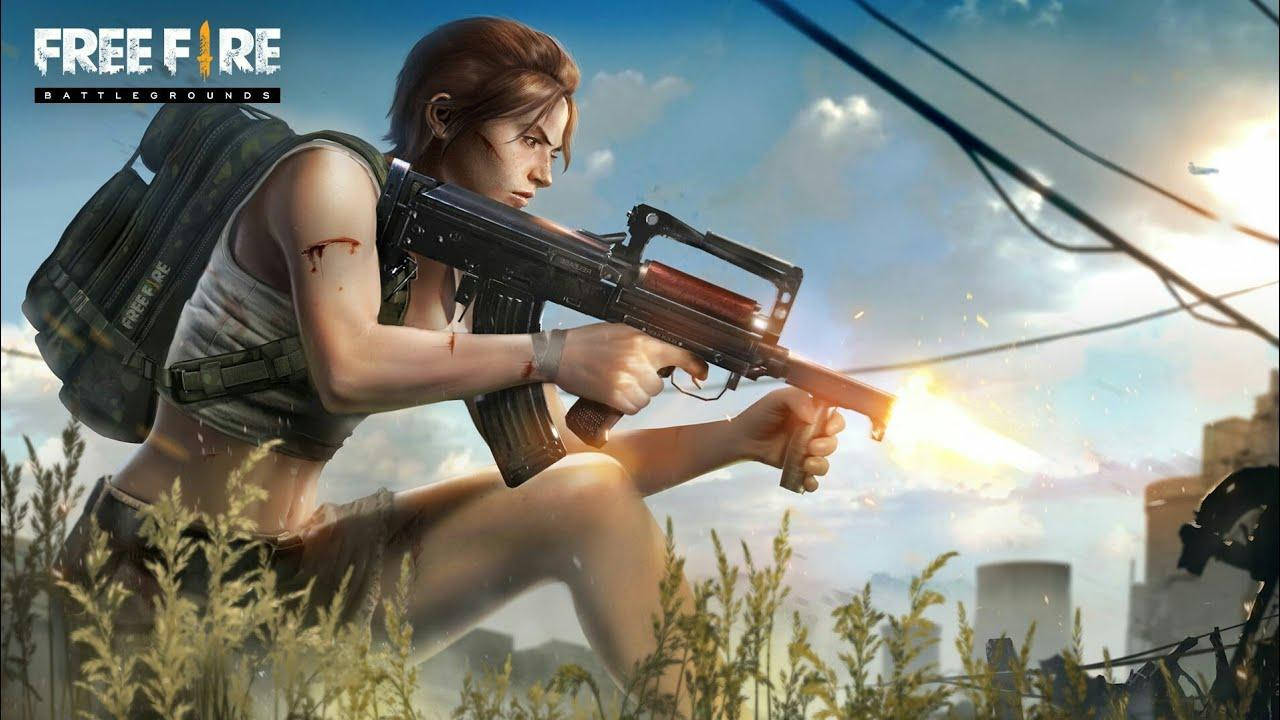 free fire 3d 桌布 壁紙 — 一名女兵在廢墟城市景觀中開槍，槍口閃光，高草在風中搖曳。
