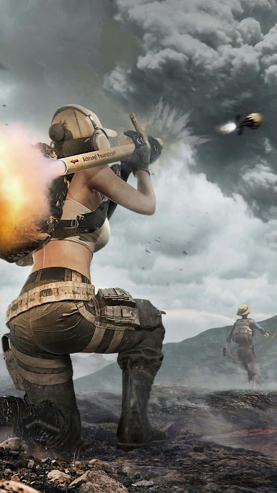 Playerunknown's Battlegrounds 桌布 壁紙 — 一名女兵在火山戰場上發射火箭炮，煙霧瀰漫，遠處另一名士兵正在前進。