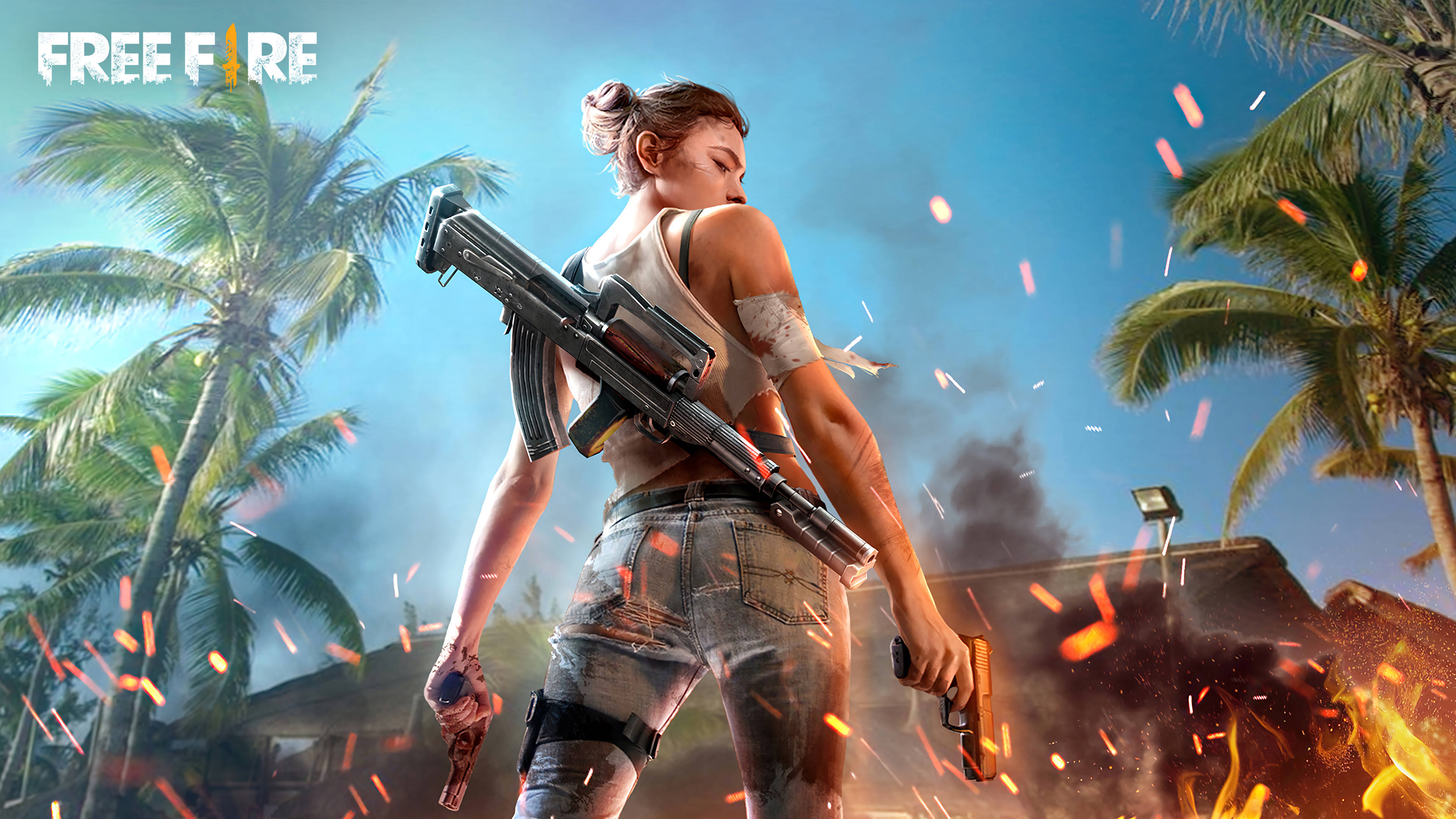 4K free fire 桌布 壁紙 — 一名女兵在熱帶環境中手持步槍和手槍，火花四濺，身處激烈的戰鬥場景中。