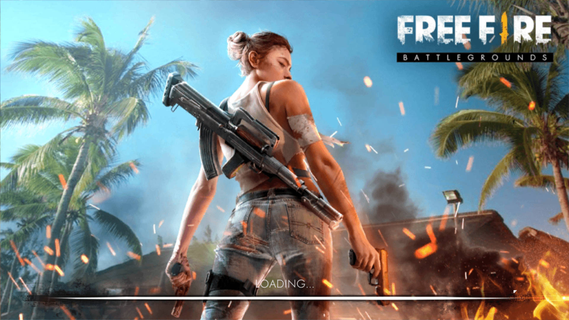 free fire 3d 桌布 壁紙 — 一名女兵在熱帶環境中手持武器，身處猛烈爆炸之中，棕櫚樹和遊戲標誌清晰可見。