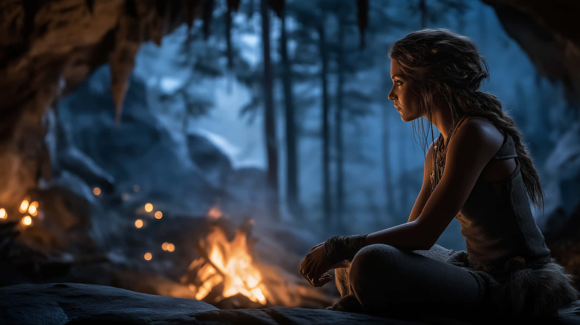 Ancient Contemplation by Firelight in a Forested Cave 壁紙 — 一名女子側身坐在洞穴內發光的營火旁，透過洞口可見霧氣瀰漫的森林。