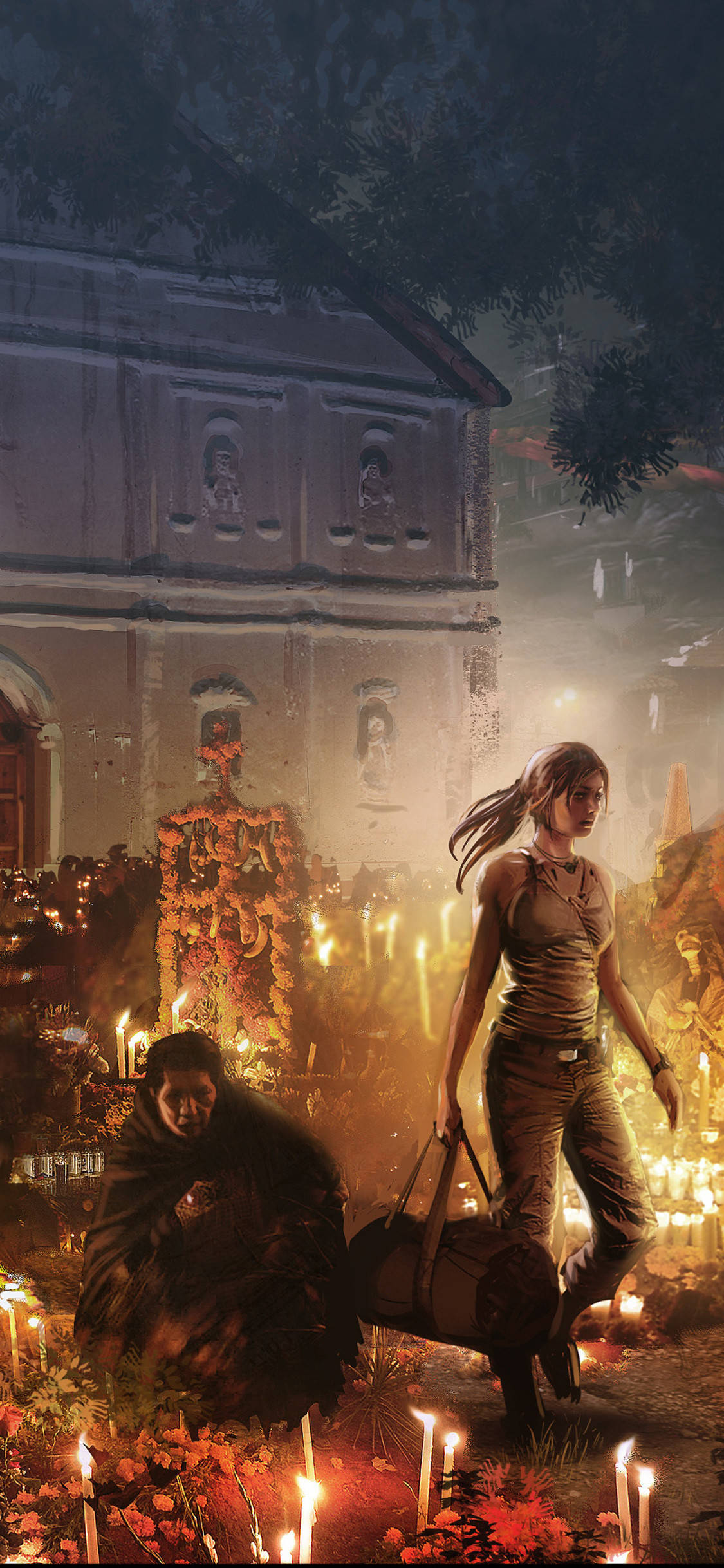tomb raider iPhone 桌布 壁紙 — 一名女子和一個孩子在黃昏時分，在黑暗的天空下，走過一座風化教堂旁點著蠟燭的墓地。