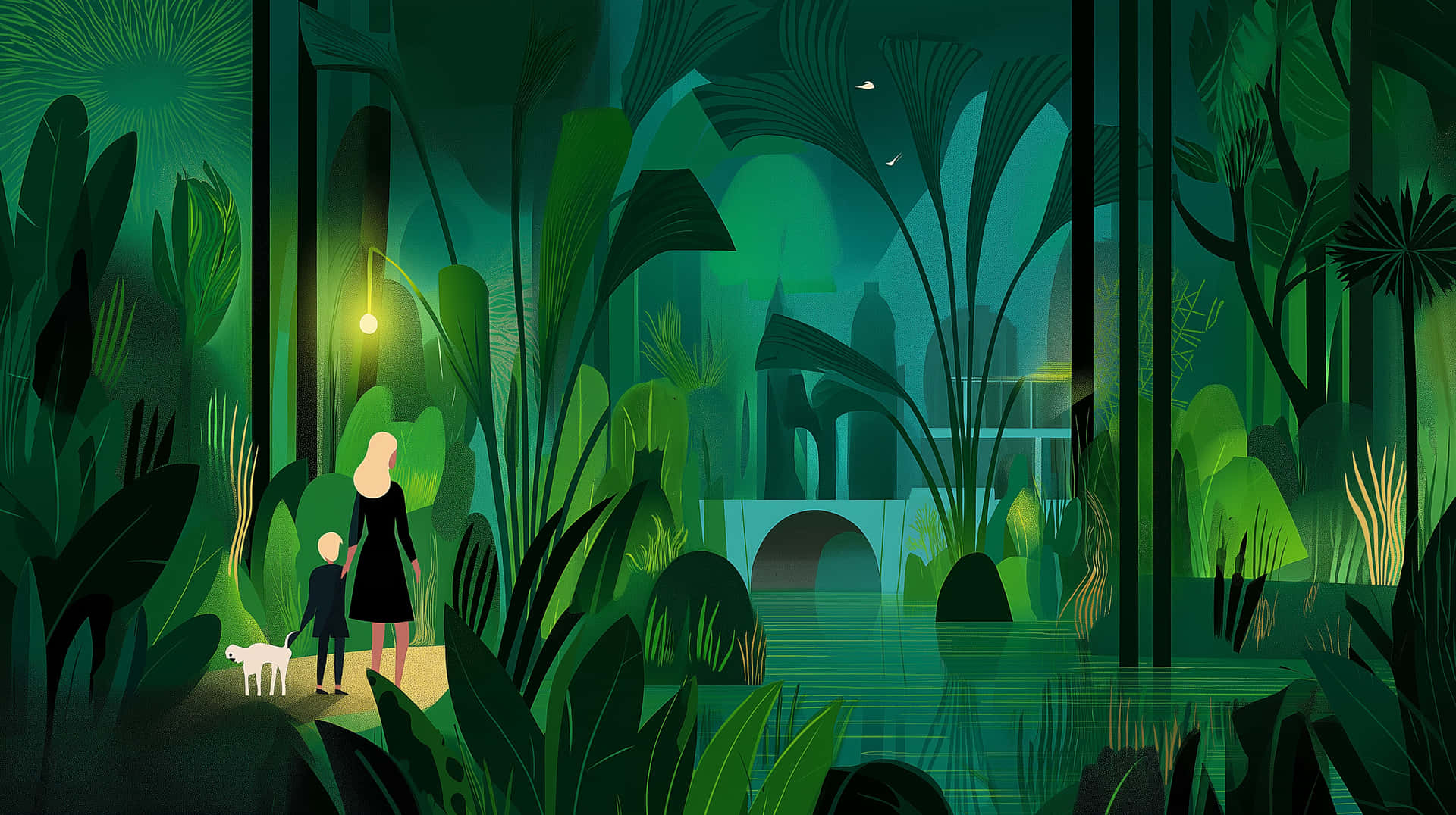 Moonlit Forest Path with Figures and Water Feature 壁紙 — 一名女子和一個小孩在發光的街燈下帶著一隻小狗穿過茂密的翡翠叢林，遠處有一座橋。