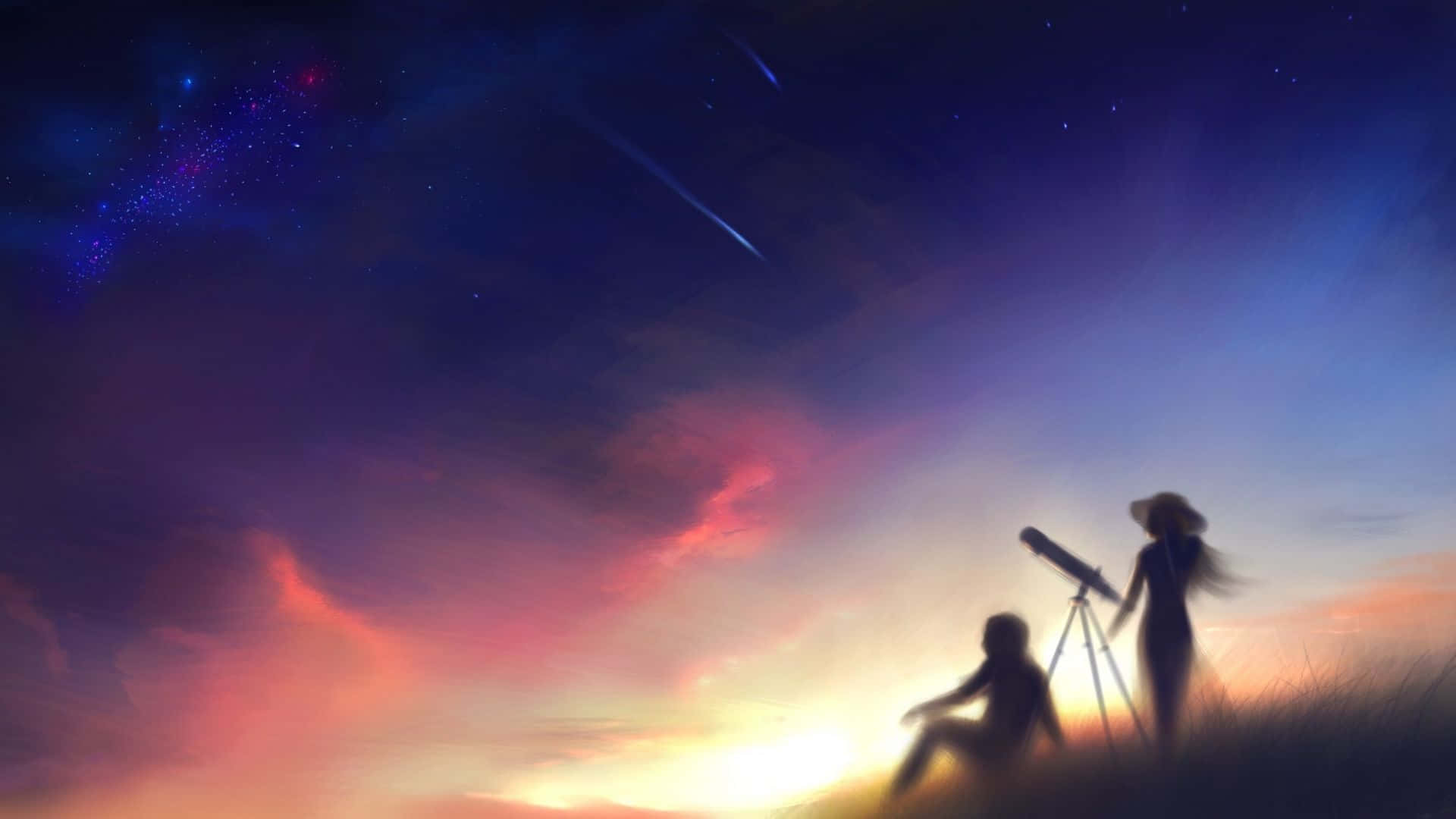 Aesthetic Anime 桌布 壁紙 — 一名女子和一個小孩的剪影凝視著充滿宇宙痕跡和發光星雲的鮮豔暮色天空。
