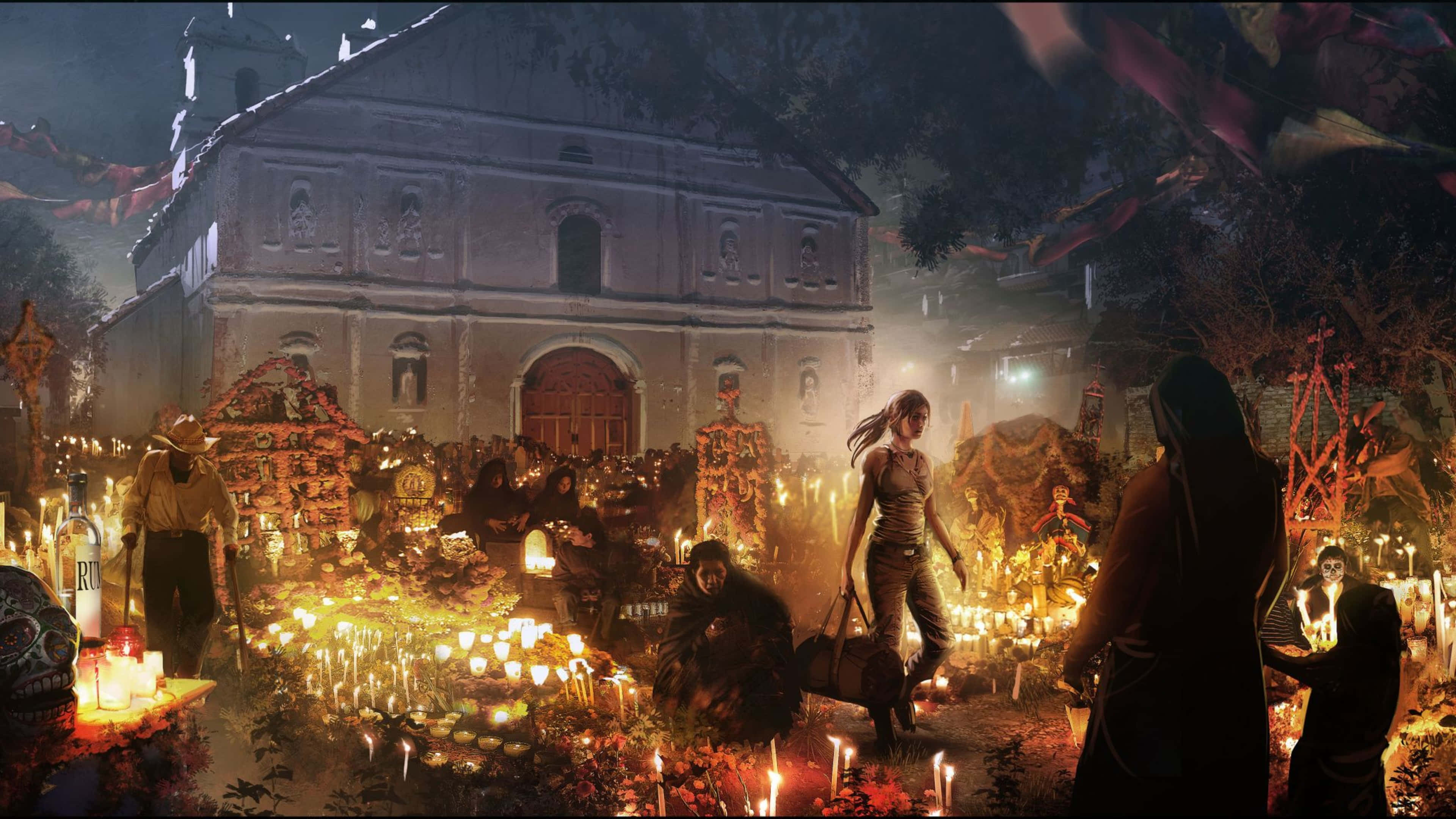 Lara Croft 桌布 壁紙 — 一名女子在夜晚穿過燭光映照的墓地，周圍是哀悼者和教堂前色彩繽紛的祭壇。