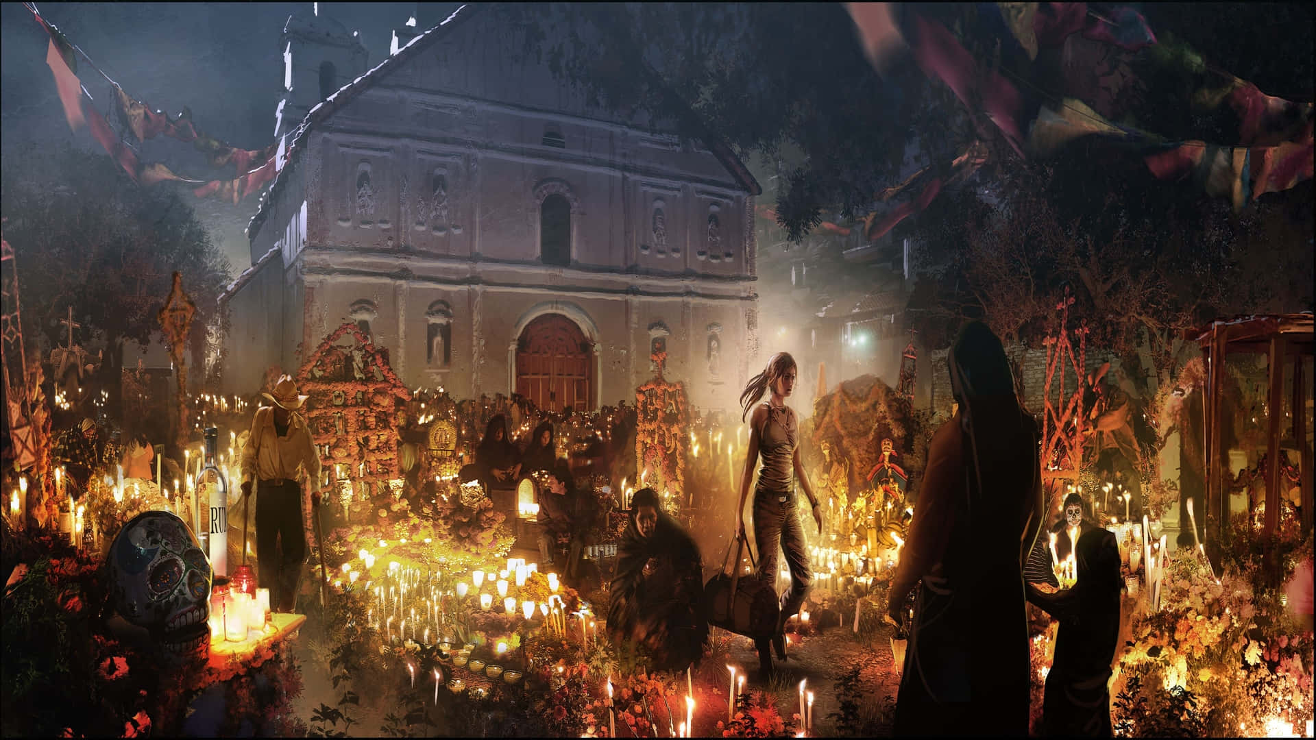 1080p Shadow Of The Tomb Raider 桌布 壁紙 — 一名女子在夜晚走過燭光映照的墓地，周圍是色彩繽紛的祭壇和教堂附近的哀悼者。
