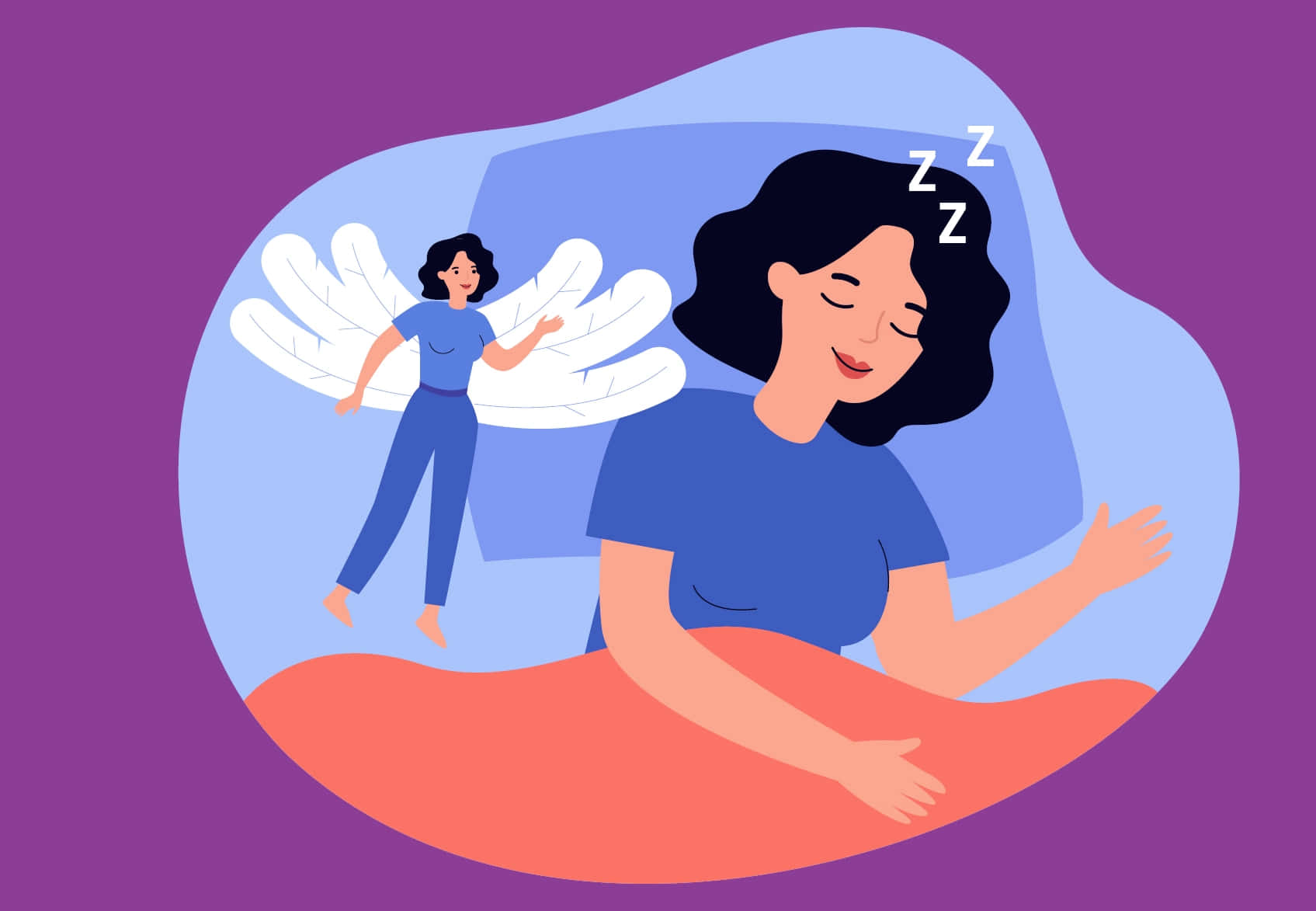 Dreaming 桌布 壁紙 — 一名女子在床上安詳地睡著，一個長著白色翅膀的小天使輕輕地飄浮在她身邊。