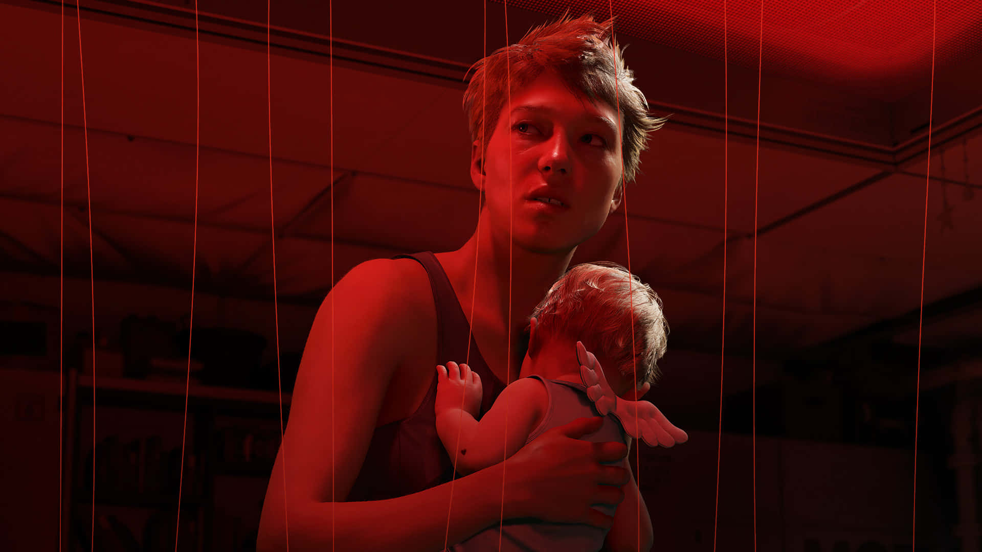 HD Death Stranding 桌布 壁紙 — 一名女子在強烈紅色燈光下抱著嬰兒，繩索垂下如同木偶劇場。