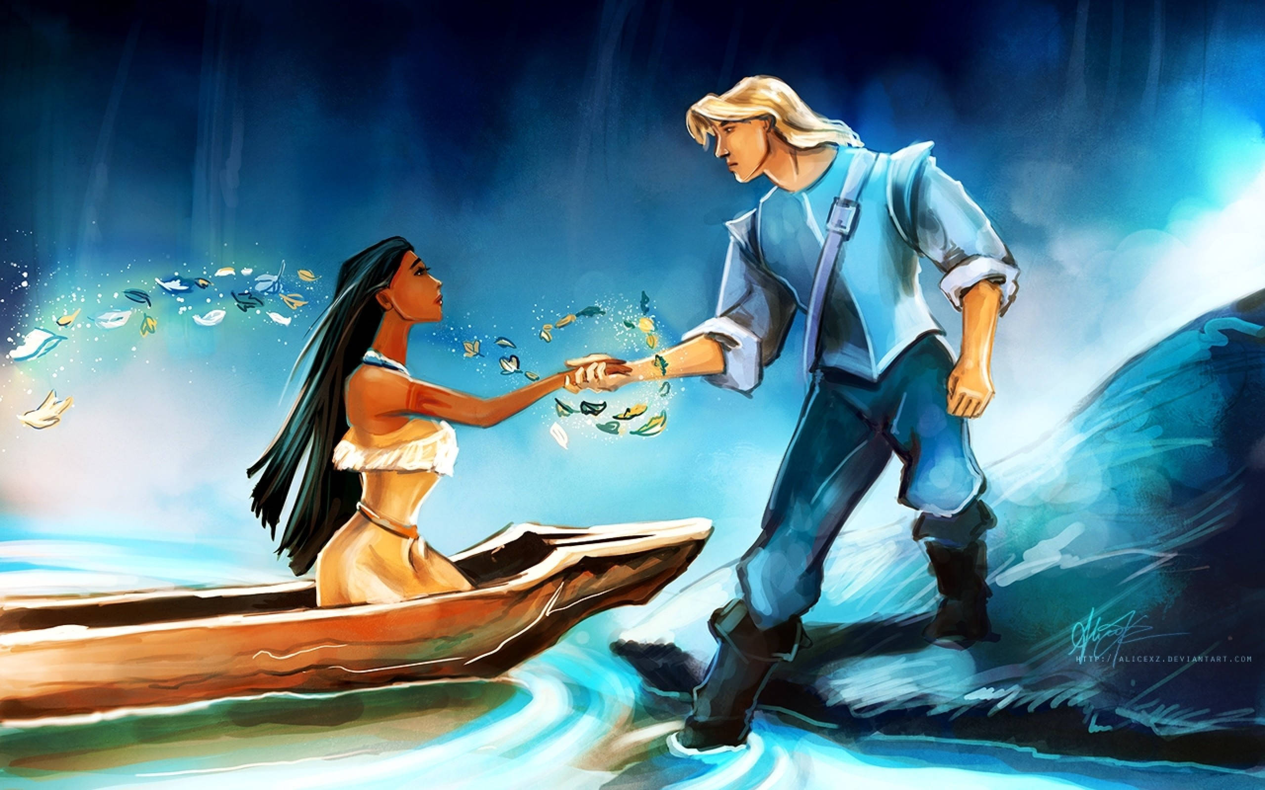 Pocahontas 桌布 壁紙 — 一名女子在獨木舟上伸手觸及站在海浪中的男子，發光的魚在他們之間旋轉，天空風暴密佈。