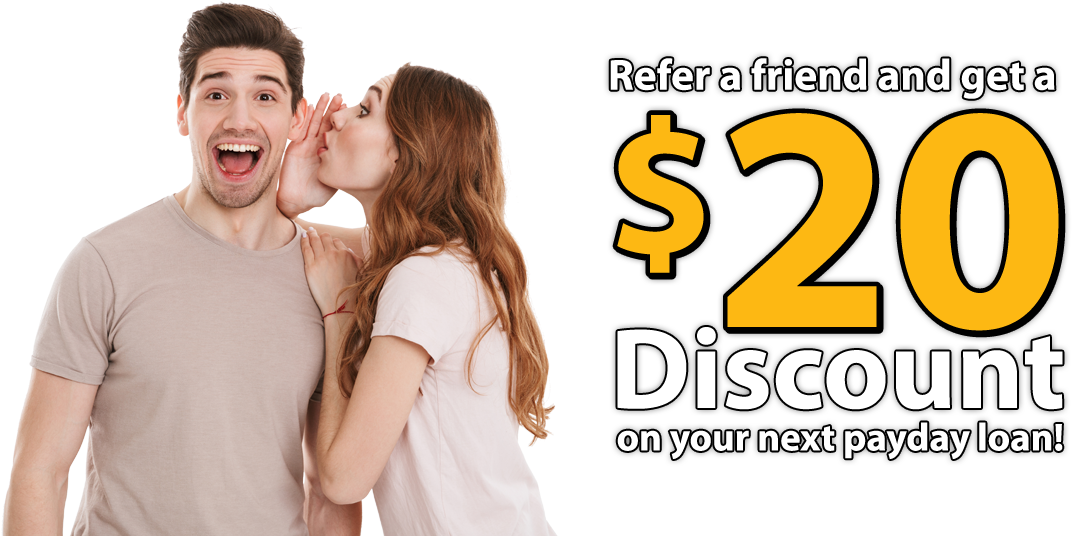 Discount 桌布 壁紙 — 一名女子在黑色背景上向一名驚訝的男子低聲說出秘密，背景上有粗體黃色和白色文字，宣傳發薪日貸款可享20美元折扣。