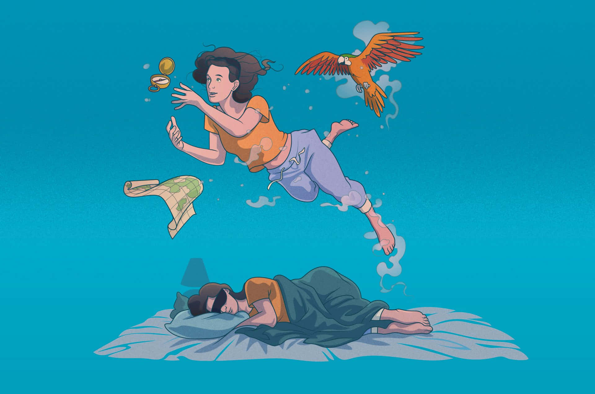 Dreaming 桌布 壁紙 — 一名女子安睡，她的夢中自我在青綠色天空上飄浮，手持鸚鵡指南針和地圖。