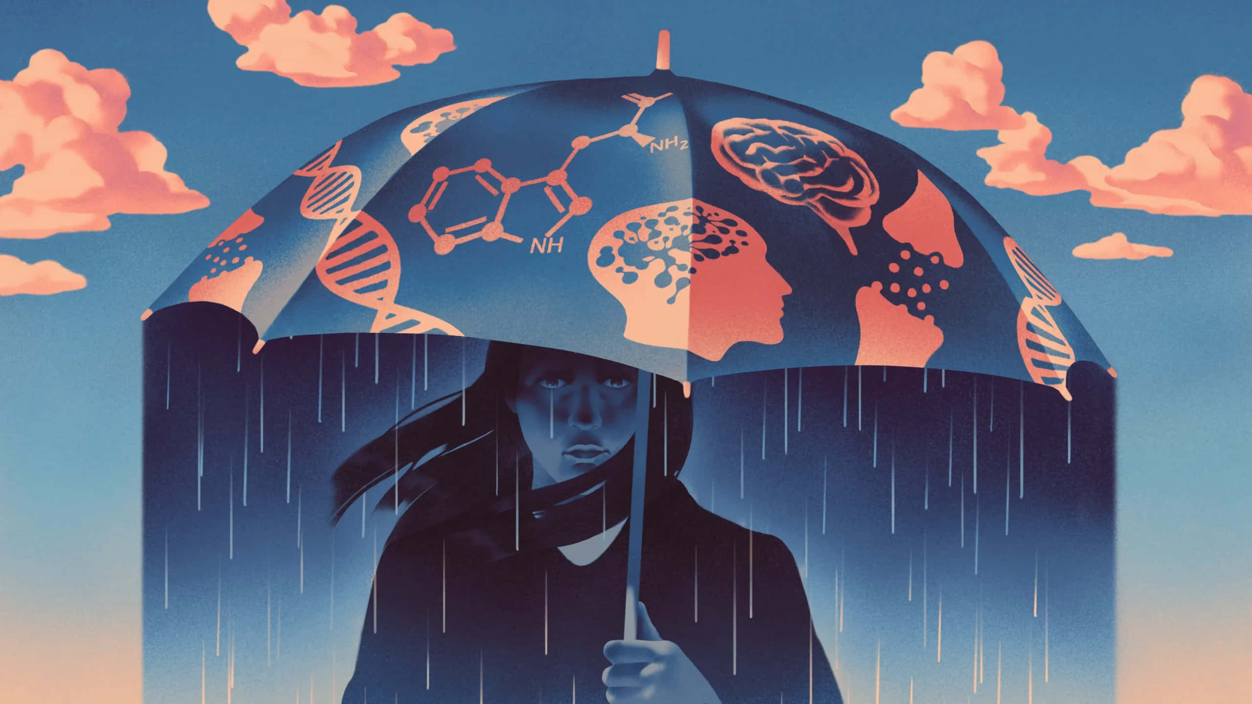 Depressed 桌布 壁紙 — 一名女子手持一把裝飾著大腦DNA和化學符號的雨傘，雨水在帶有粉紅雲朵的暮色天空中落下。