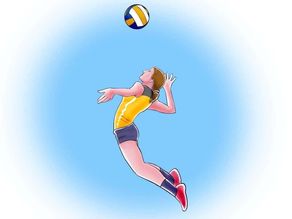 排球 桌布 壁紙 — 一名女子排球運動員在柔和的藍色漸變背景前高高躍起，伸手接球。