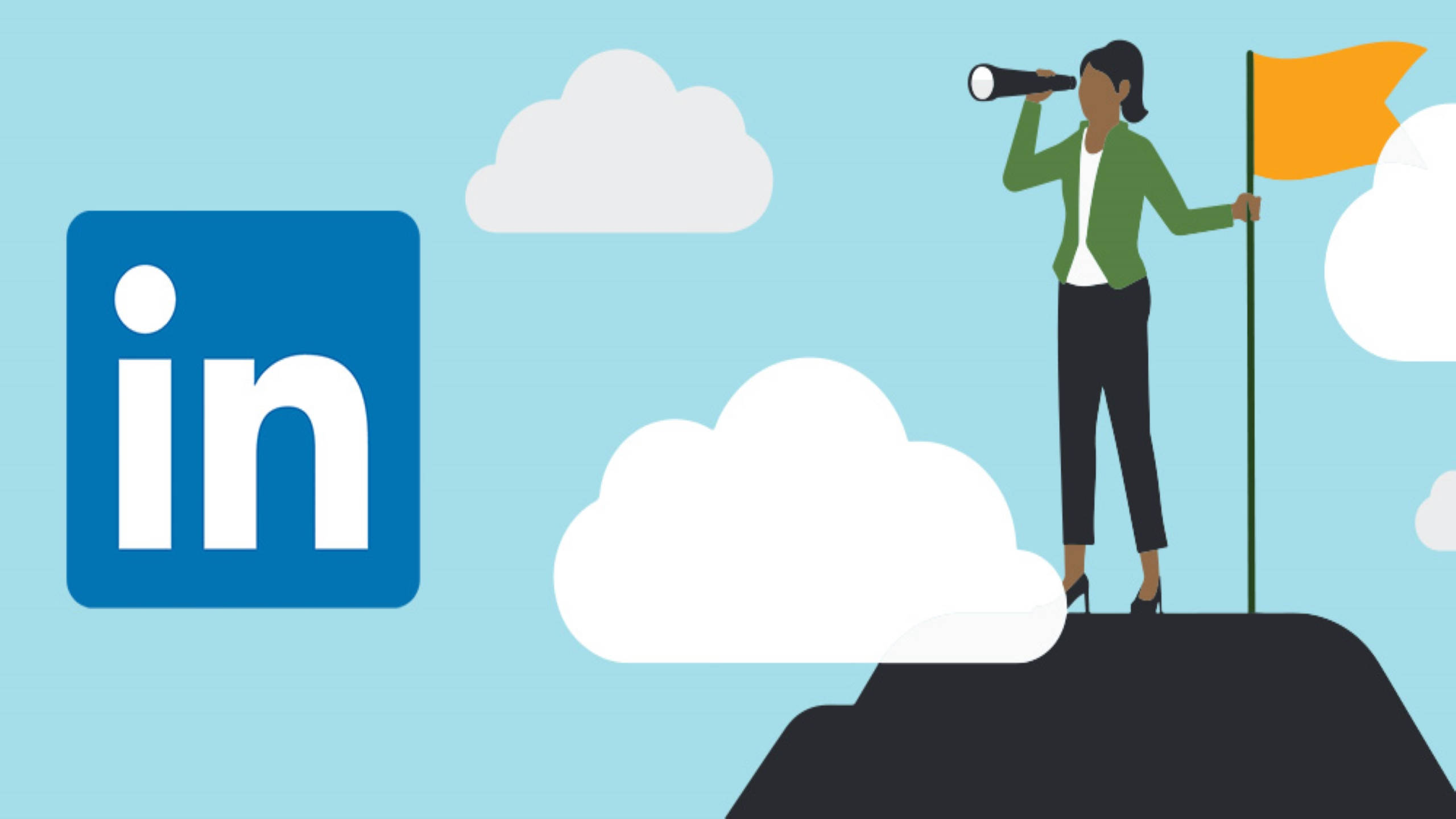 Linkedin 桌布 壁紙 — 一名女子站在山頂上，手持旗幟和望遠鏡，旁邊有LinkedIn標誌，背景是多雲的天空。