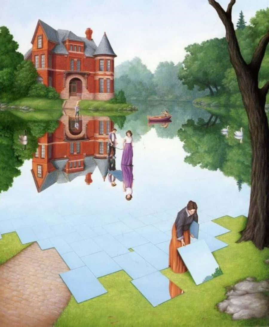 Realism 桌布 壁紙 — 一名女子組裝鏡面瓷磚，在樹木環繞的平靜湖面上創造出紅色豪宅和人物的超現實倒影。
