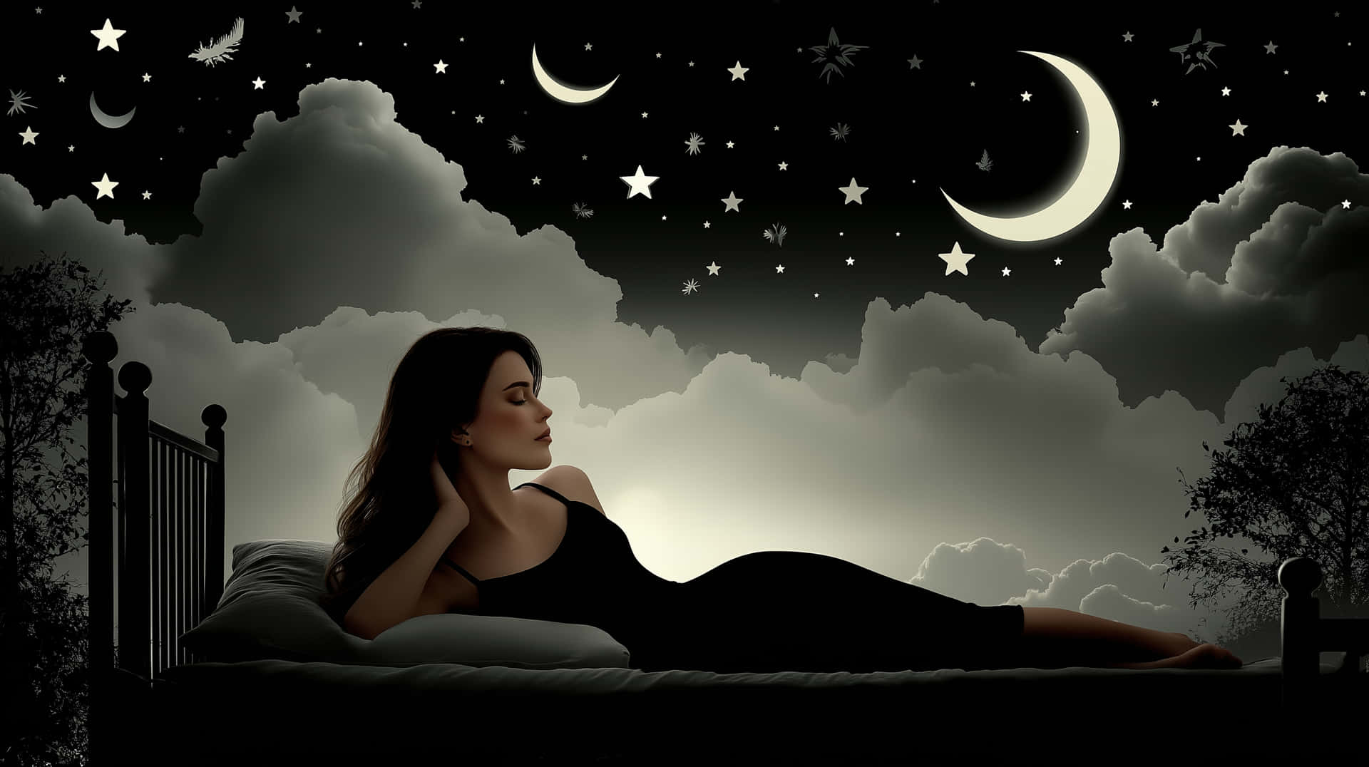 Dreamy Silhouette of Woman Under Moonlit Night Sky 壁紙 — 一名女子躺在床上，仰望星空，上方有新月和雲朵。