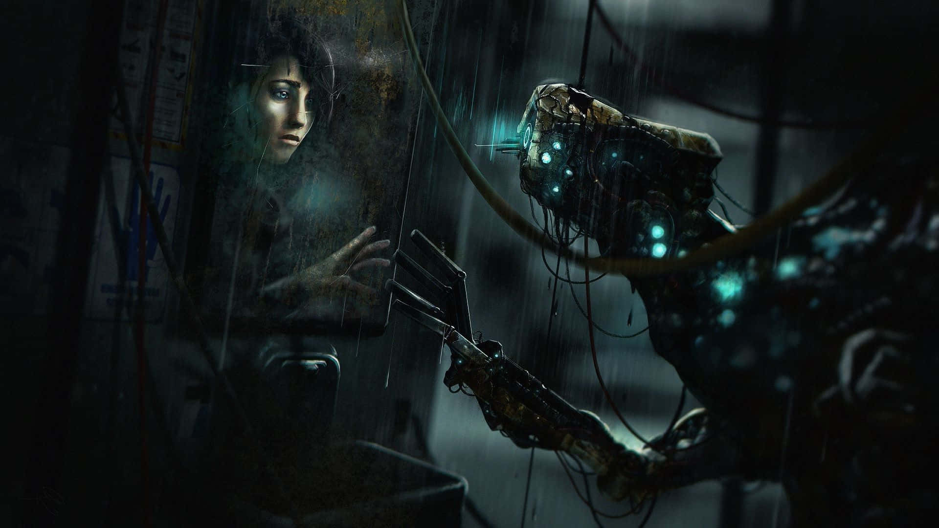 Horror Games 桌布 壁紙 — 一名女子透過雨痕斑斑的玻璃，凝視著一隻發光的機械手在昏暗的工業環境中向她伸來。