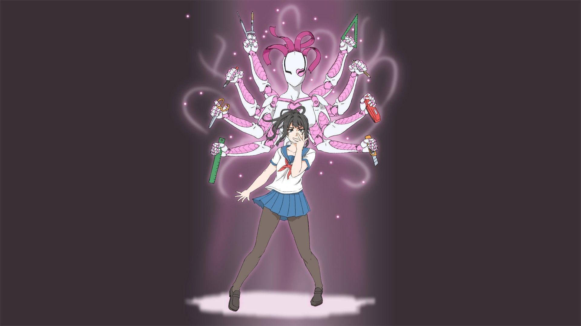 Yandere 桌布 壁紙 — 一名女學生站在一個發光的粉紅色多臂實體前，該實體手持各種飲料，背景為深紫色。
