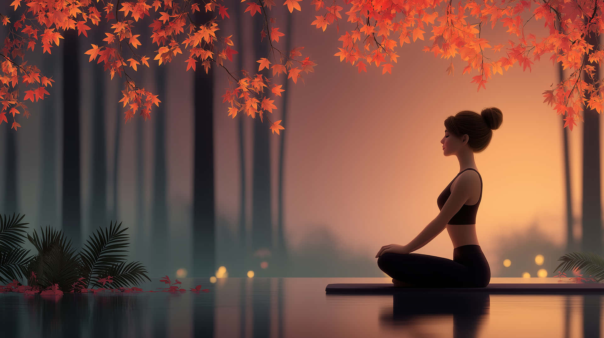 Peaceful Meditation Under Autumnal Canopy 壁紙 — 一名女性在日落時分，在鮮豔橙色楓葉的樹冠下，於漂浮墊上以蓮花坐姿冥想。